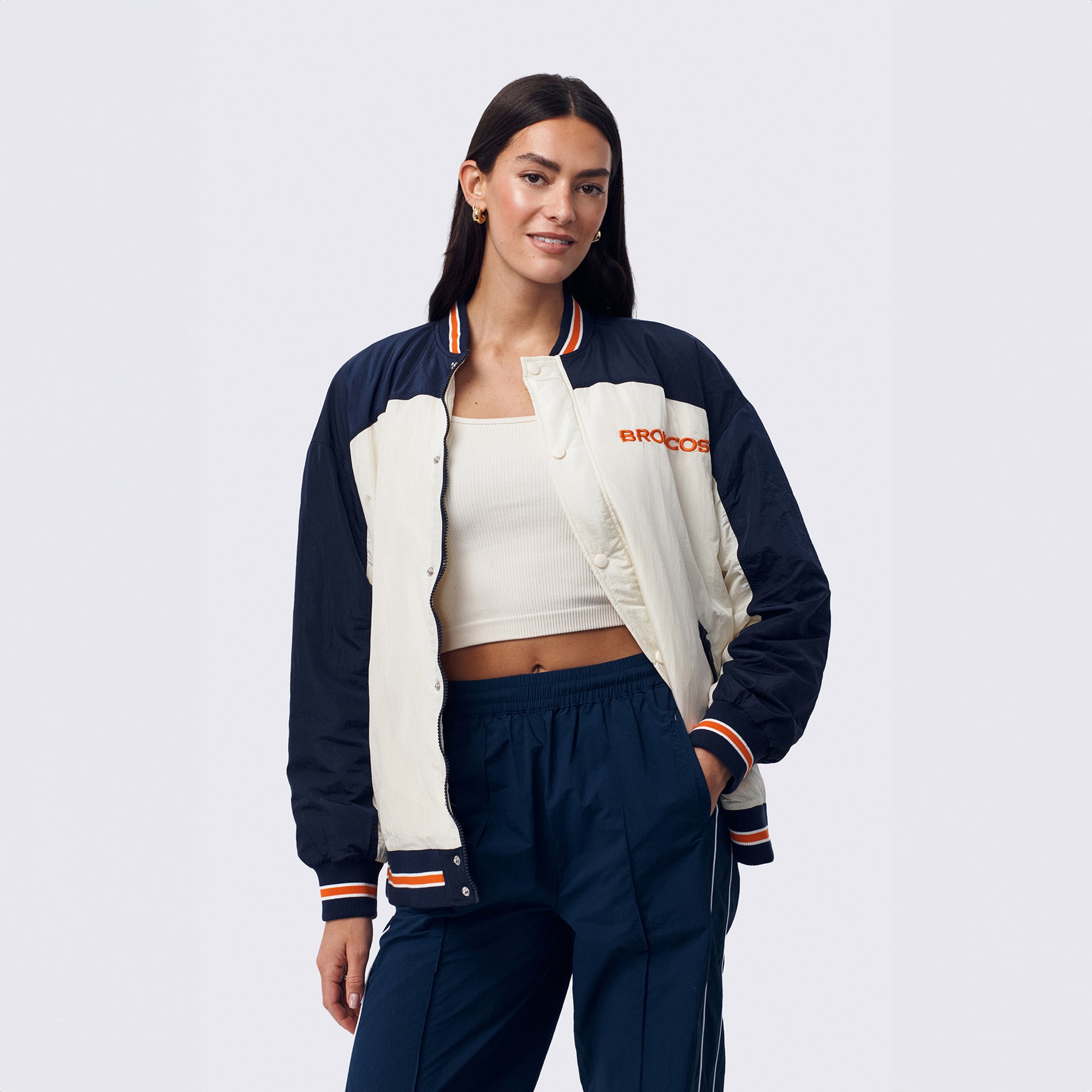 Veste bomber Terez blanche pour femme, Denver Broncos, à double empiècement et fermeture éclair intégrale