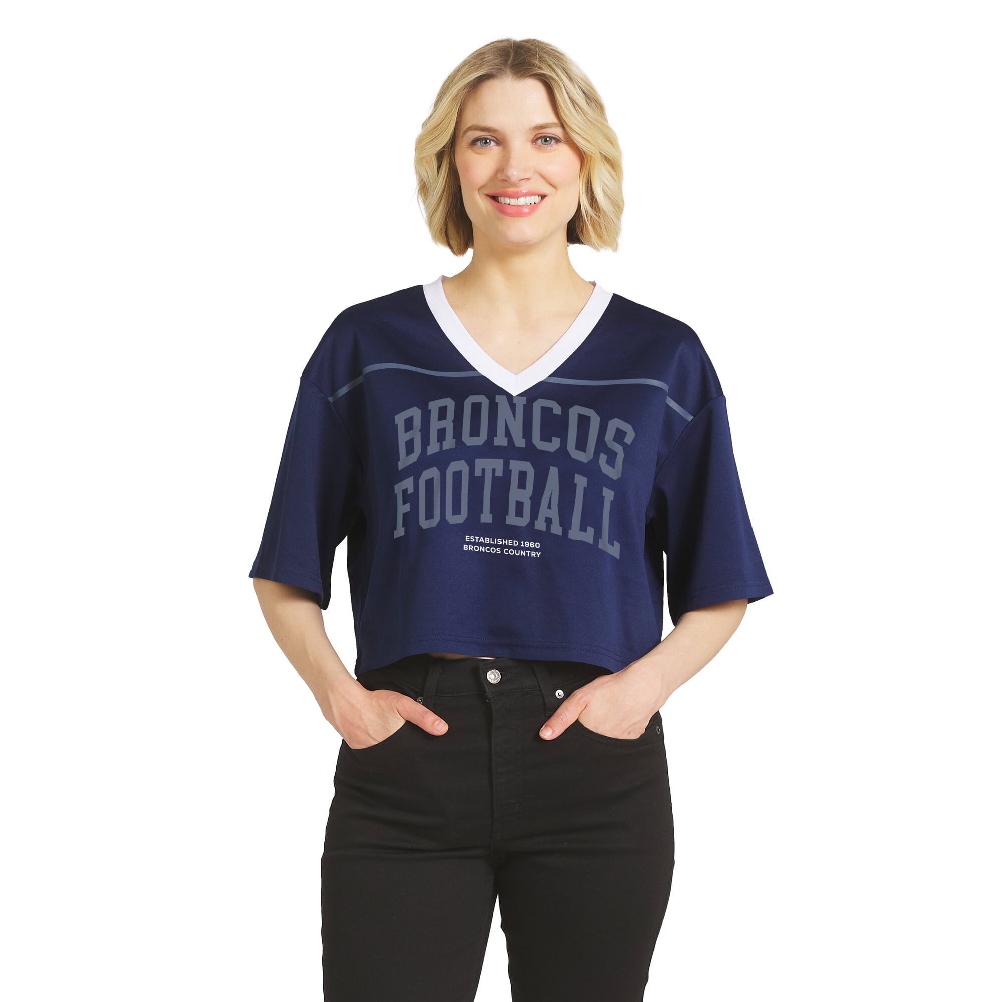 Women's WEAR by Erin Andrews  Navy Denver Broncos Cropped V-Neck Jersey T-Shirt