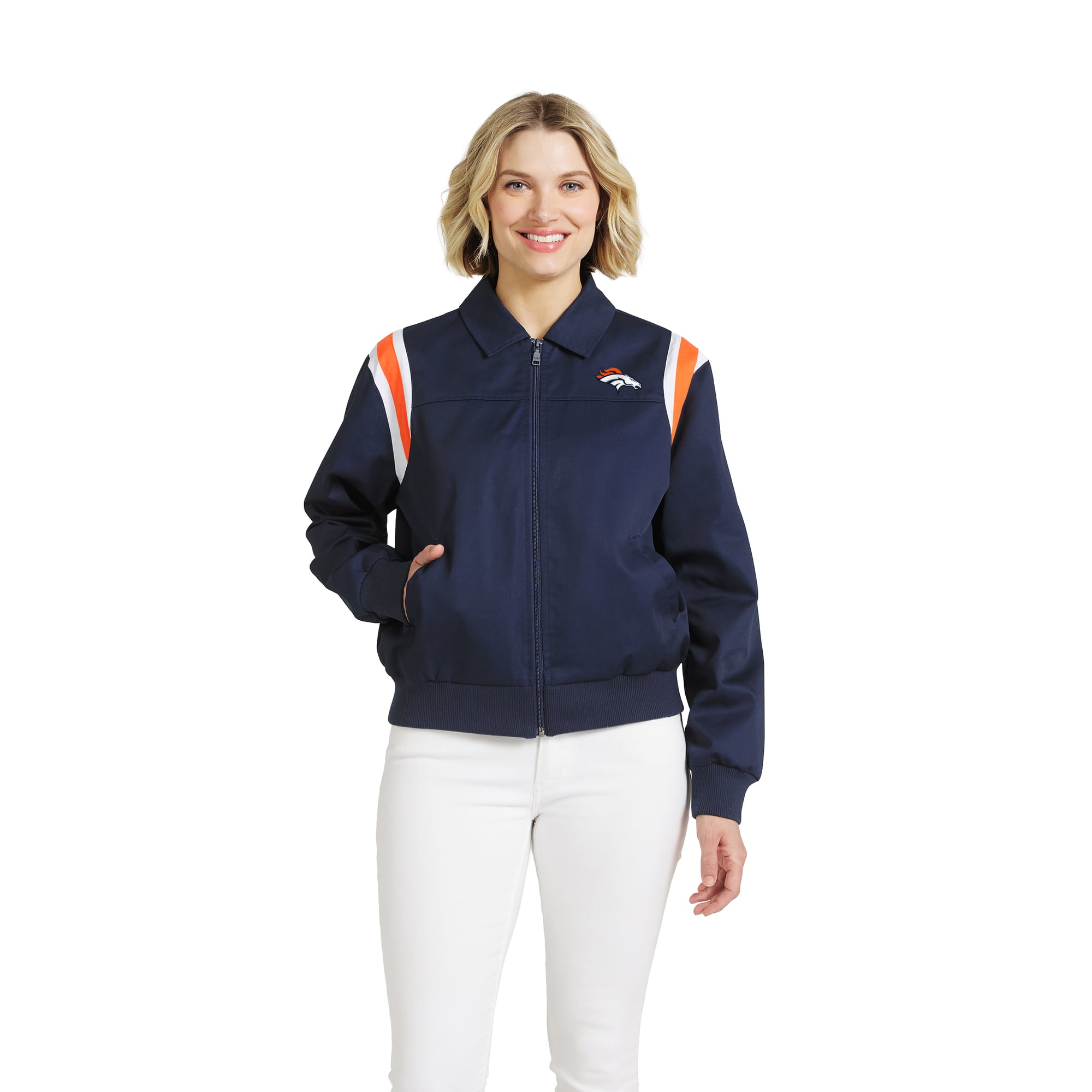 Veste zippée intégrale en sergé à rayures marine Denver Broncos pour femme, de la marque WEAR by Erin Andrews
