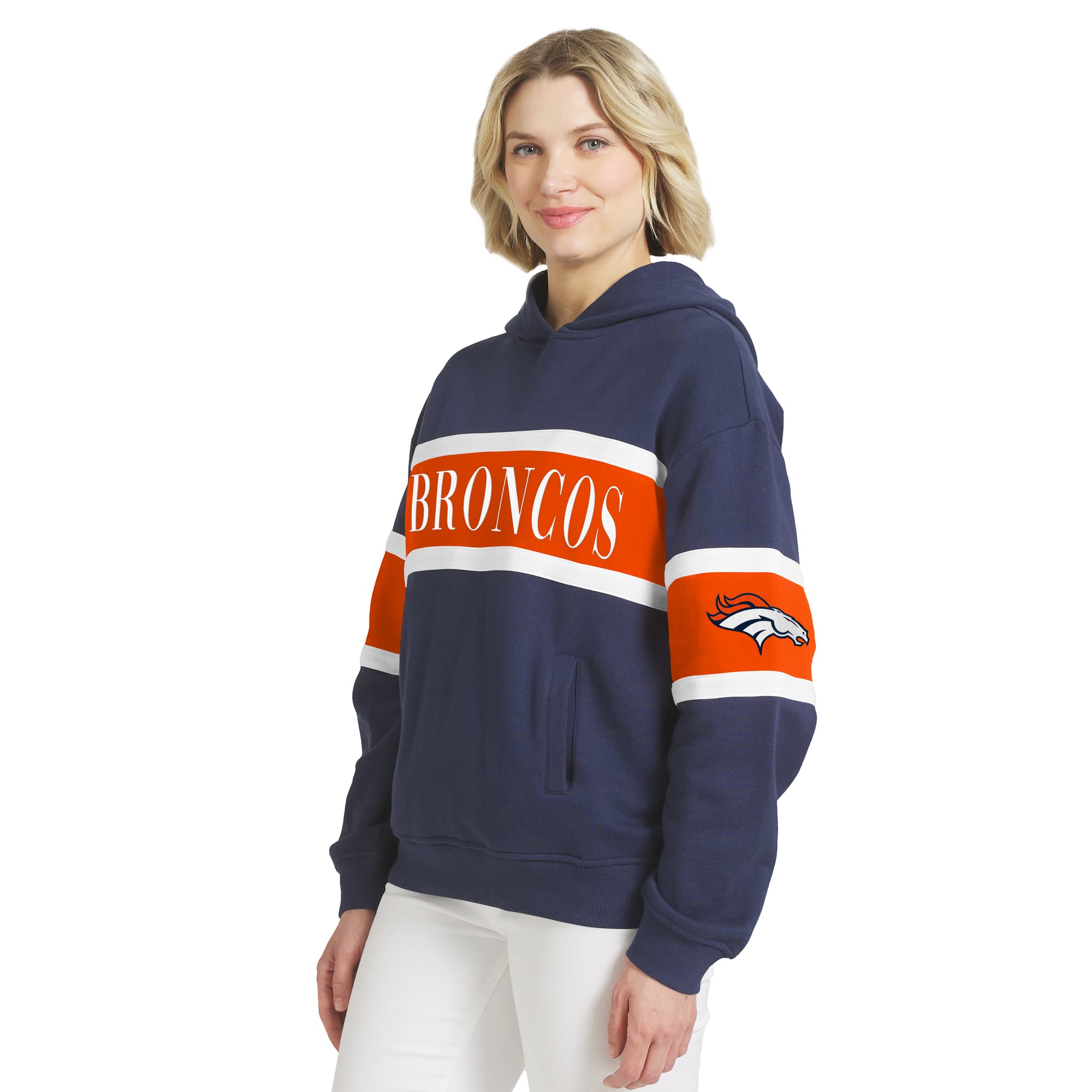 Sweat à capuche rayé bleu marine Denver Broncos pour femme de la marque WEAR by Erin Andrews