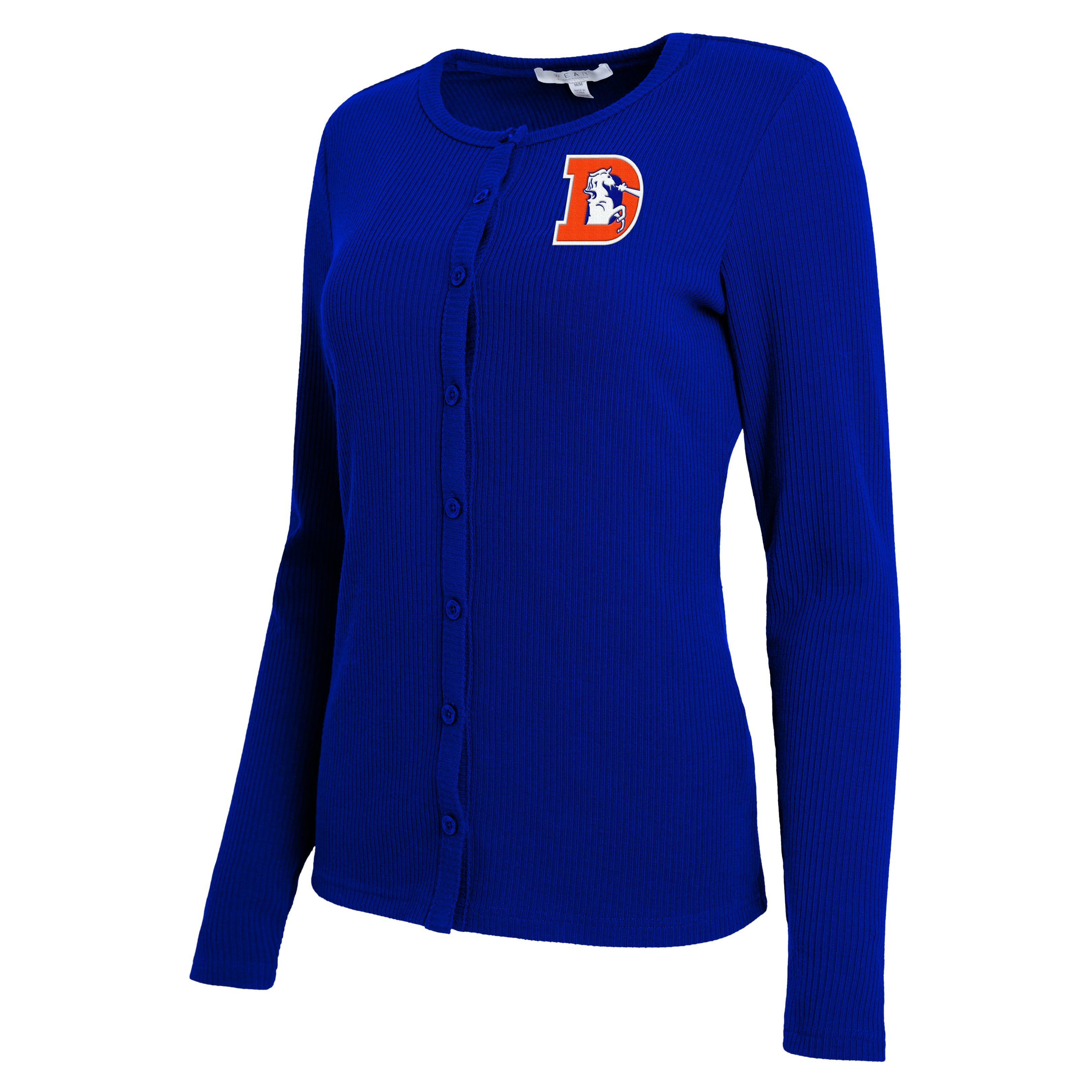 Women's WEAR by Erin Andrews Royal Denver Broncos Ribbed Full-Button Cardigan Sweater