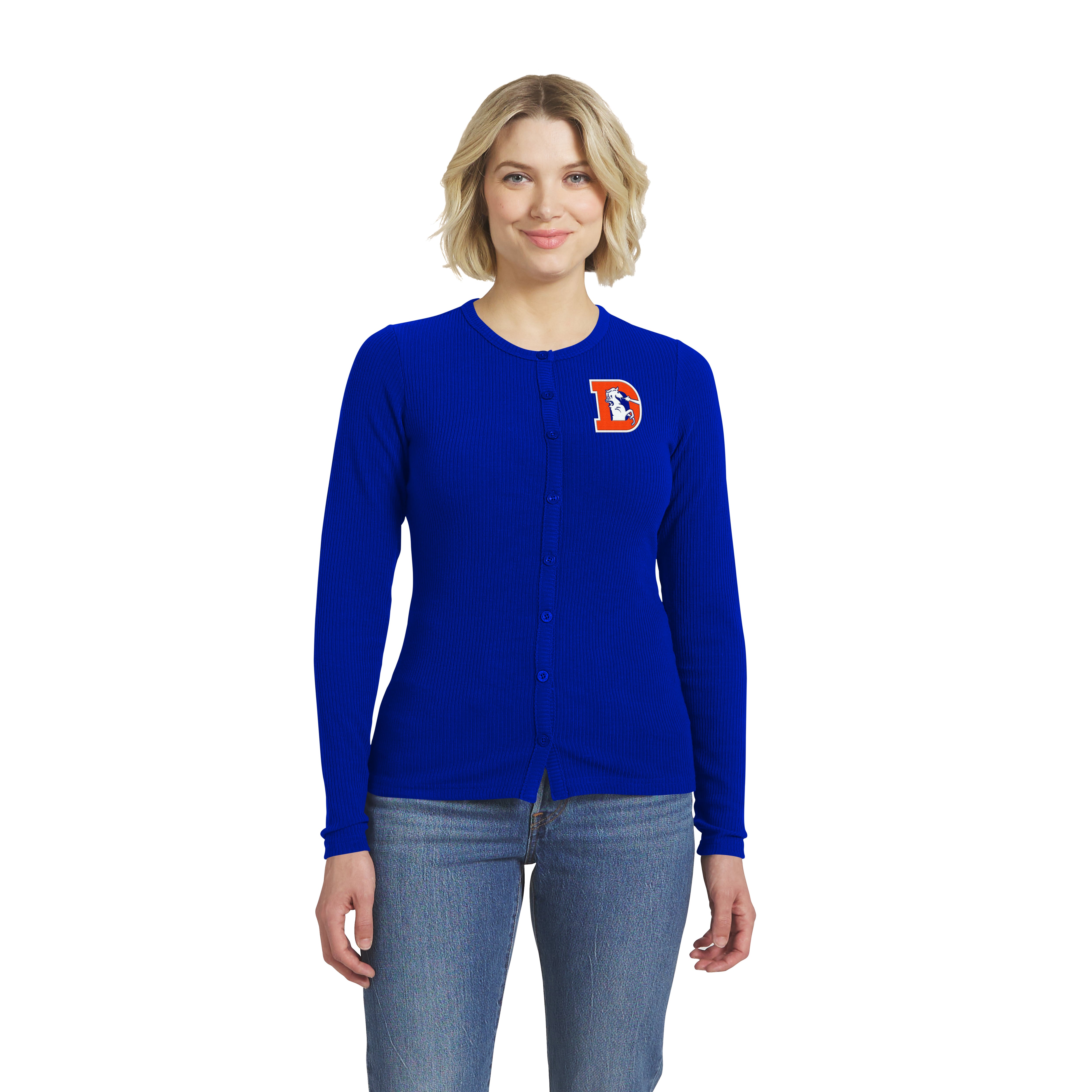 Women's WEAR by Erin Andrews Royal Denver Broncos Ribbed Full-Button Cardigan Sweater