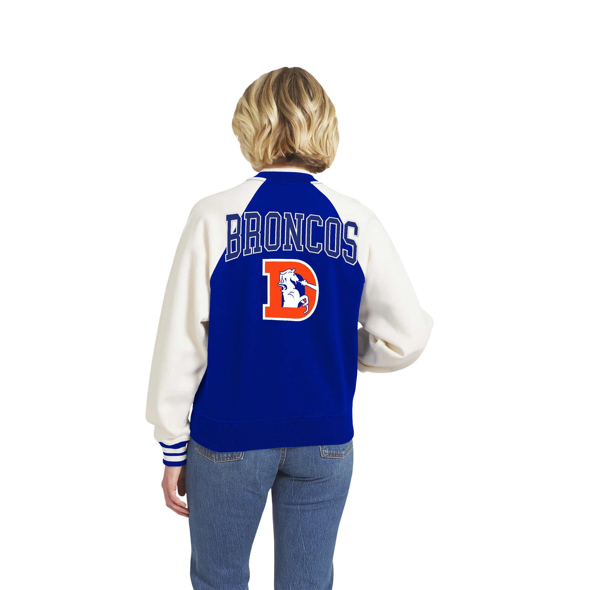 Women's WEAR by Erin Andrews Royal Denver Broncos Throwback Varsity Fleece Raglan Full-Zip Jacket