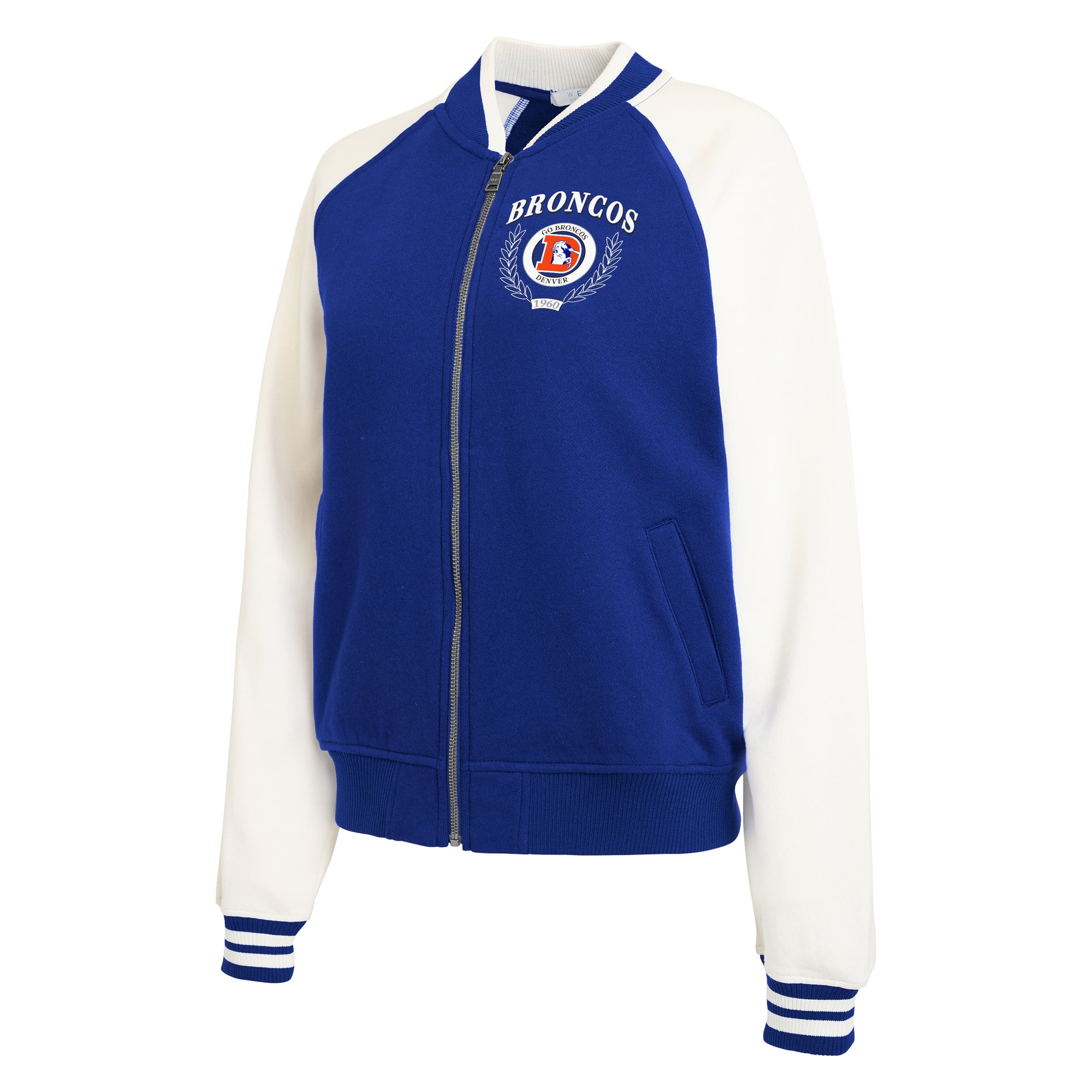 Women's WEAR by Erin Andrews Royal Denver Broncos Throwback Varsity Fleece Raglan Full-Zip Jacket