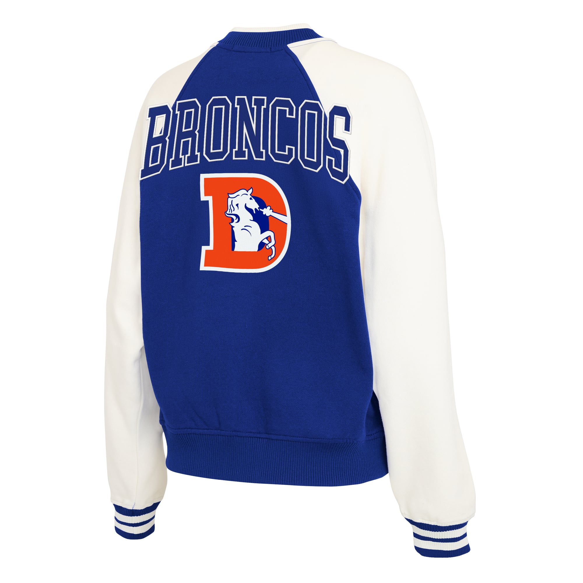 Women's WEAR by Erin Andrews Royal Denver Broncos Throwback Varsity Fleece Raglan Full-Zip Jacket