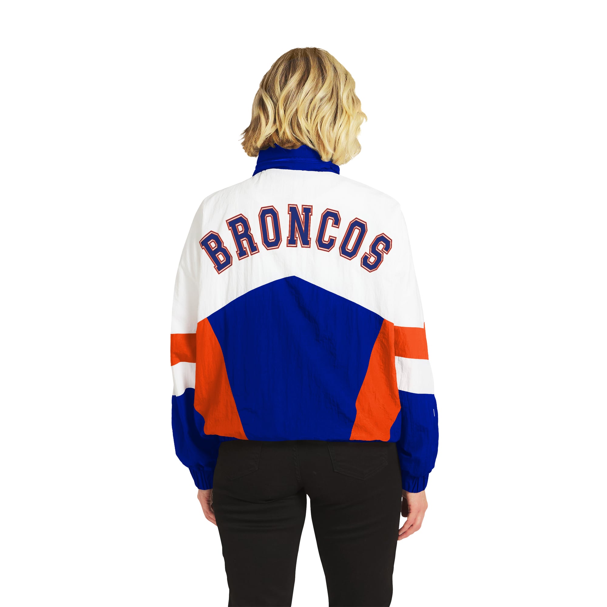 Women's WEAR by Erin Andrews White/Royal Denver Broncos Throwback Crinkle Full-Snap Hooded Windbreaker Jacket