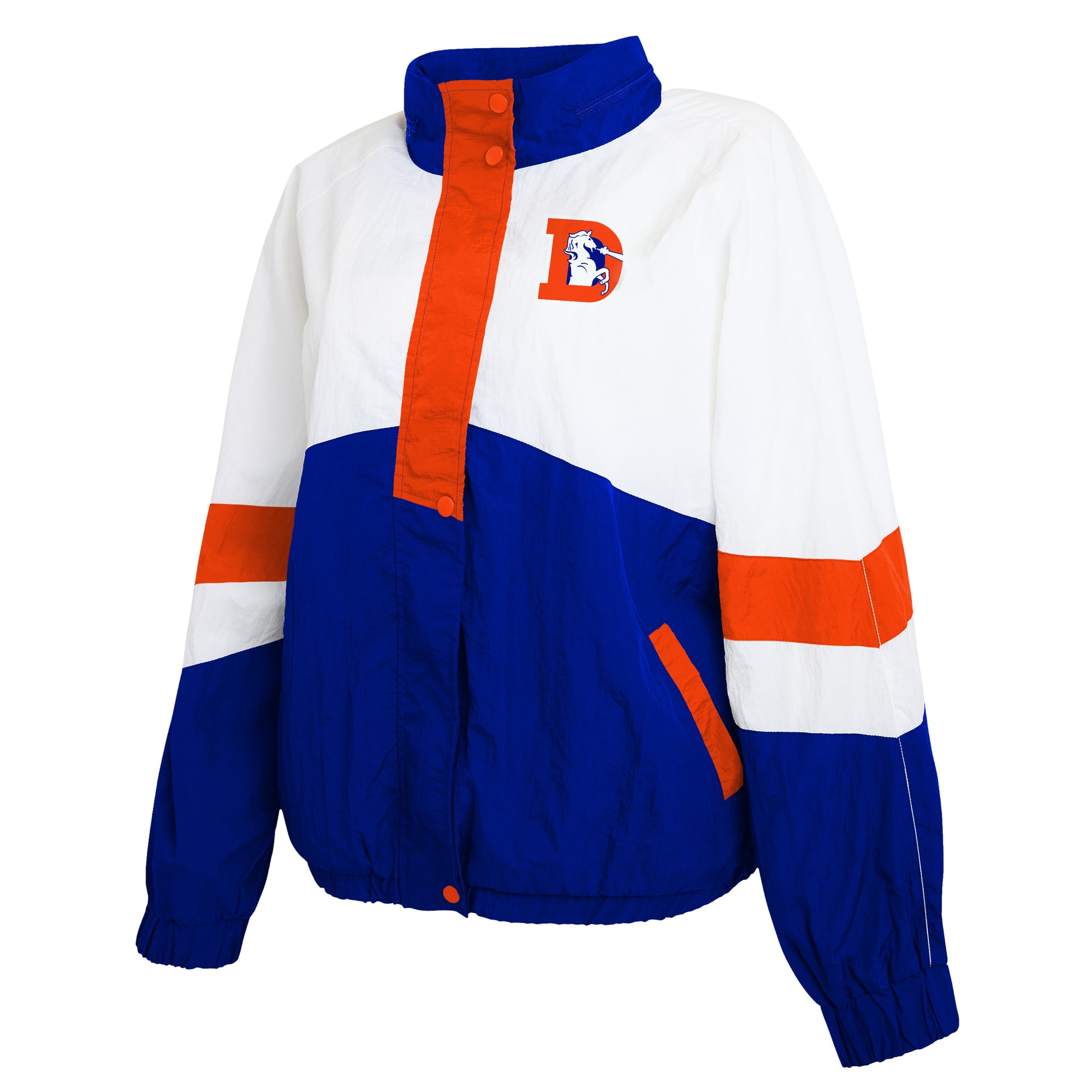 Women's WEAR by Erin Andrews White/Royal Denver Broncos Throwback Crinkle Full-Snap Hooded Windbreaker Jacket