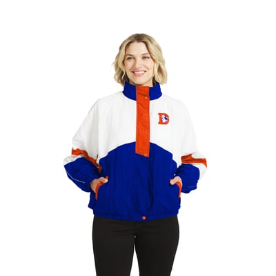  Denver Broncos WEAR by Erin Andrews Women's Throwback Crinkle Full-Snap Hooded Windbreaker Jacket - White/Royal