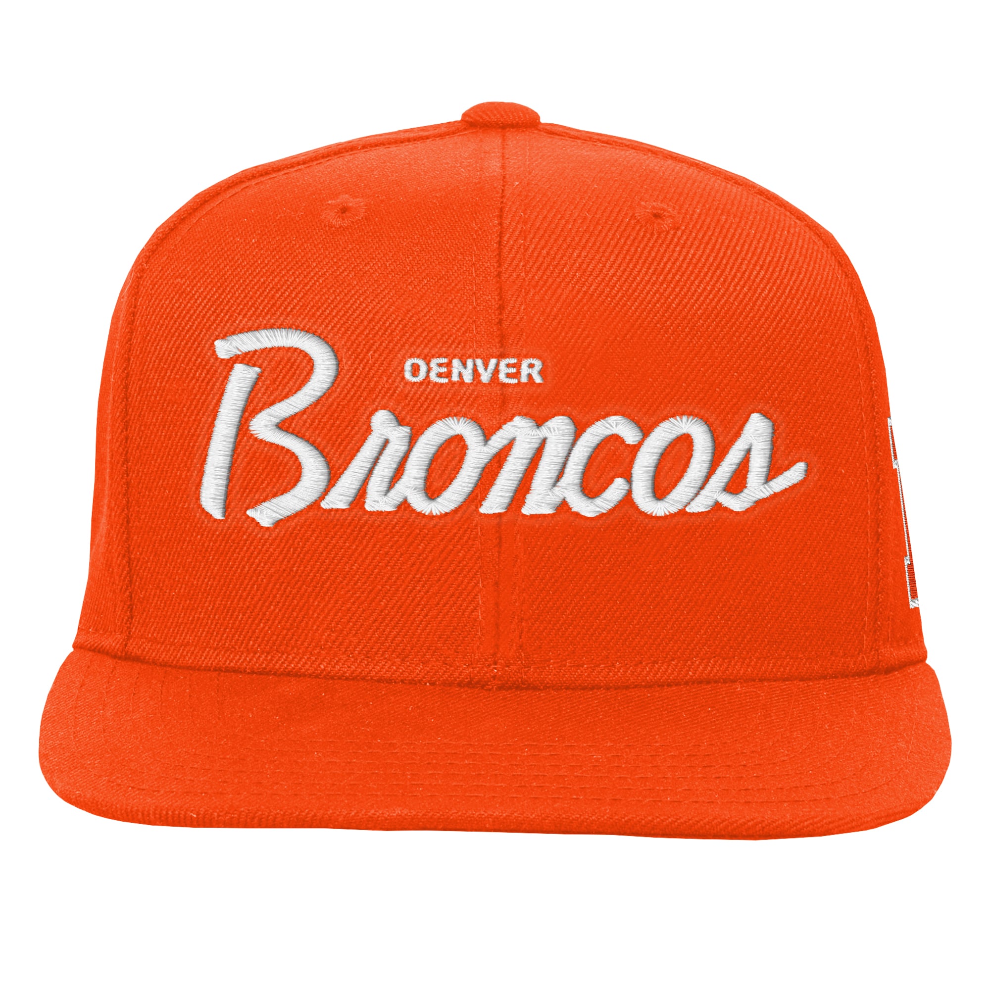 Casquette Mitchell & Ness orange pour enfant, modèle entraîneur-chef des Broncos de Denver, à visière plate et fermeture snapback.