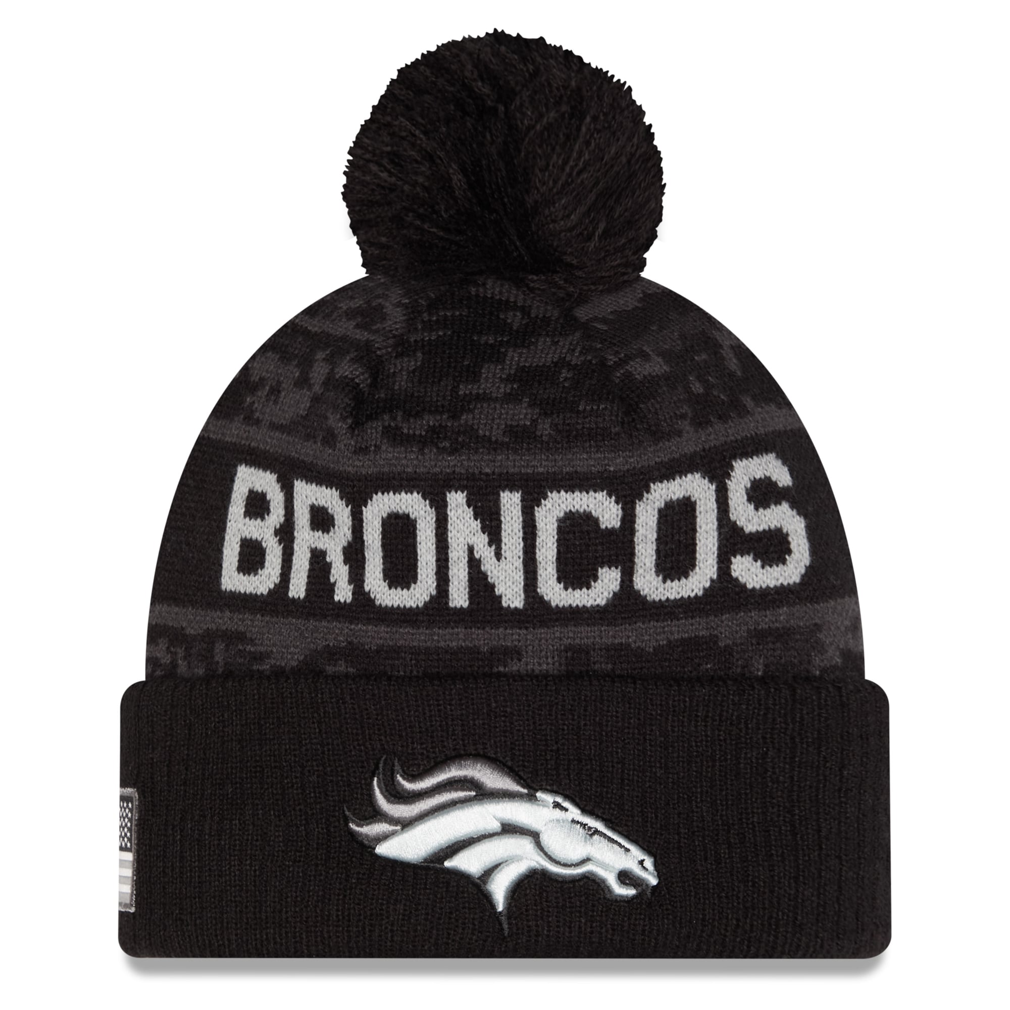 Bonnet à revers New Era noir Denver Broncos 2026 Salute To Service pour jeunes, avec pompon