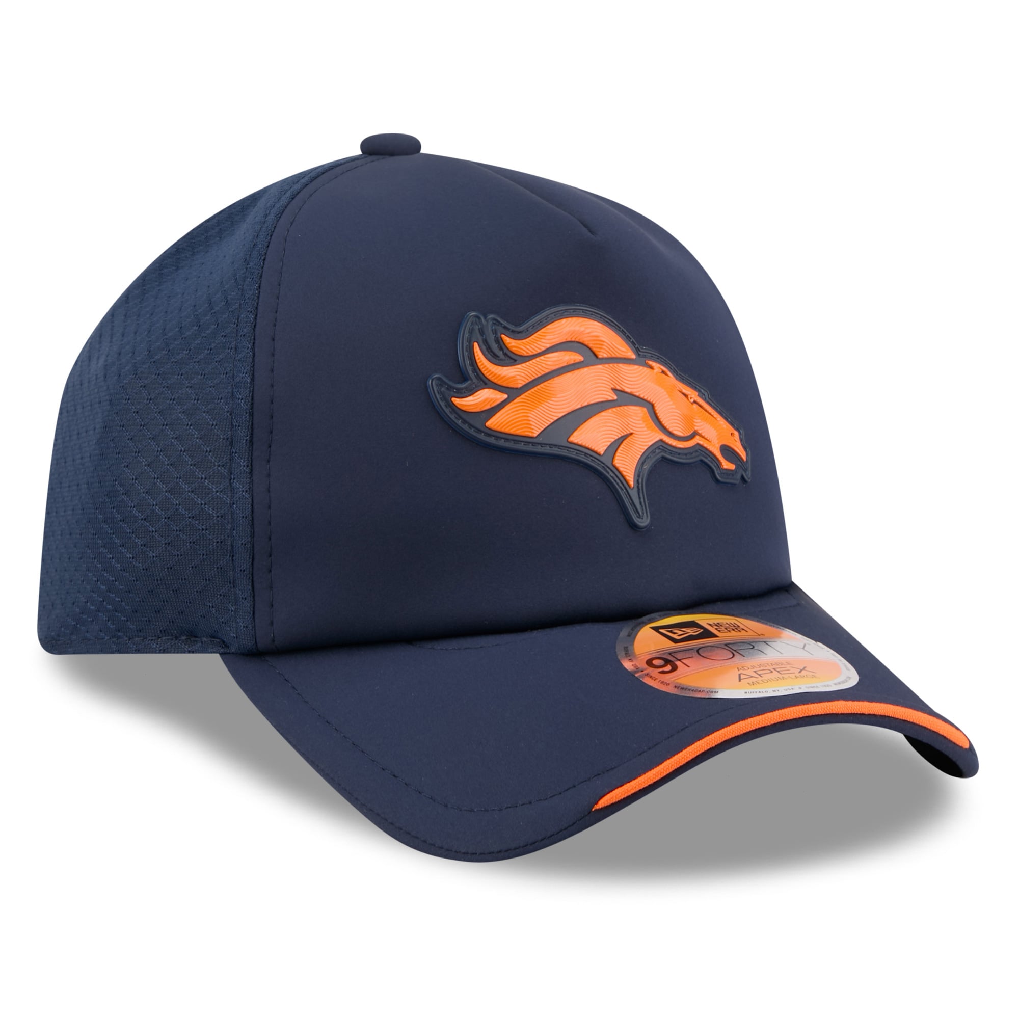 Youth New Era Navy Denver Broncos 2026 Sideline Apex 9FORTY Adjustable Trucker Hat