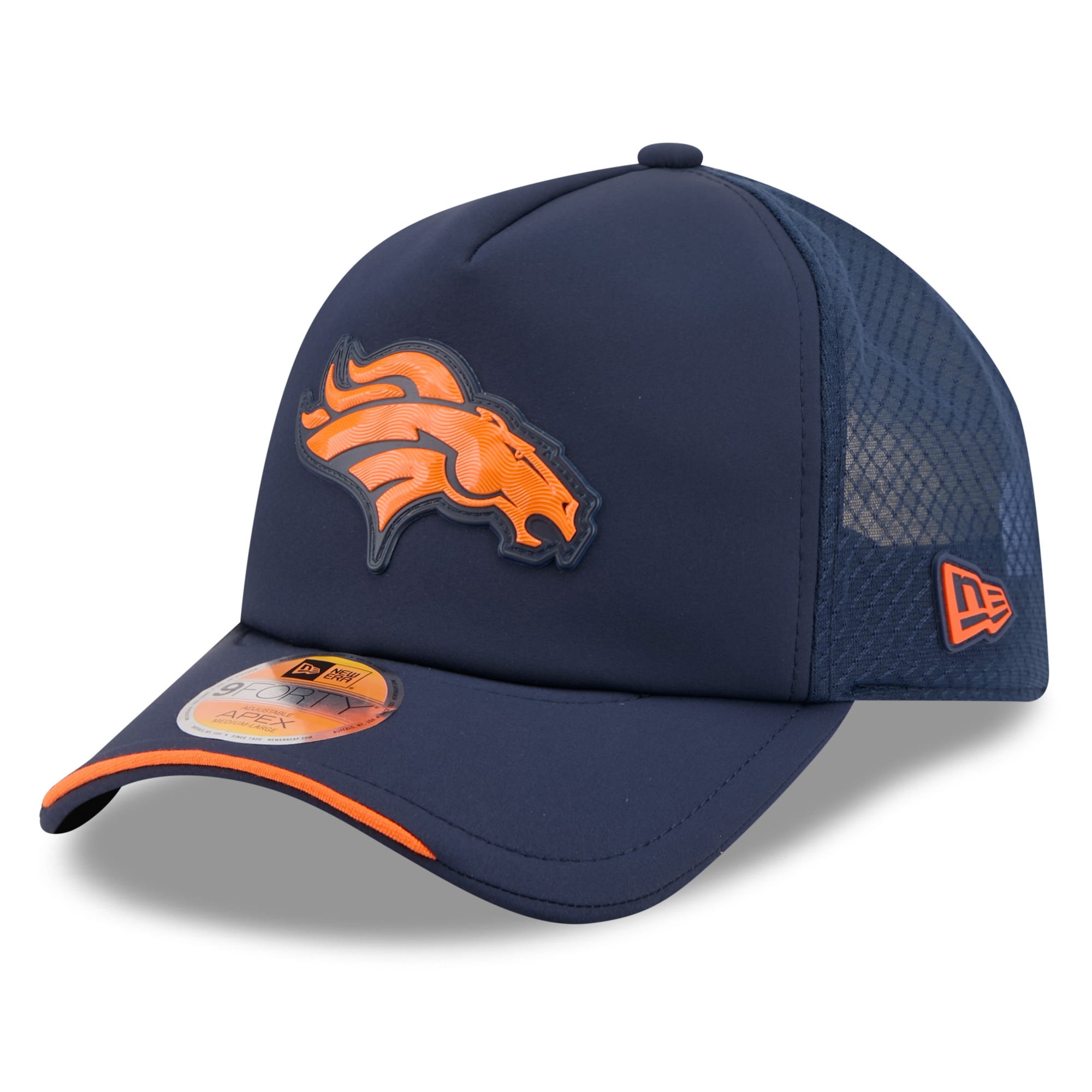Youth New Era Navy Denver Broncos 2026 Sideline Apex 9FORTY Adjustable Trucker Hat