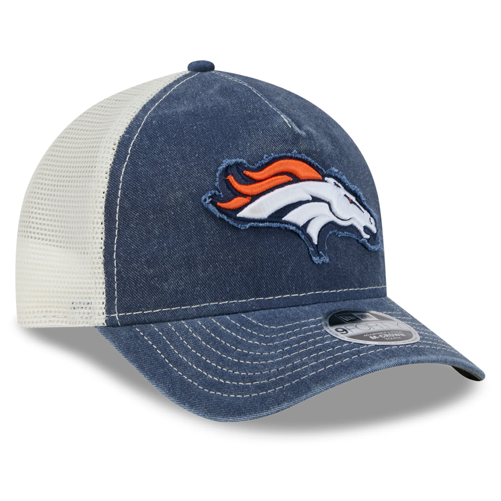 Casquette trucker ajustable New Era bleu marine Denver Broncos 9FORTY pour jeunes, modèle A-Frame M-Crown, pour supporters des Broncos de Denver.
