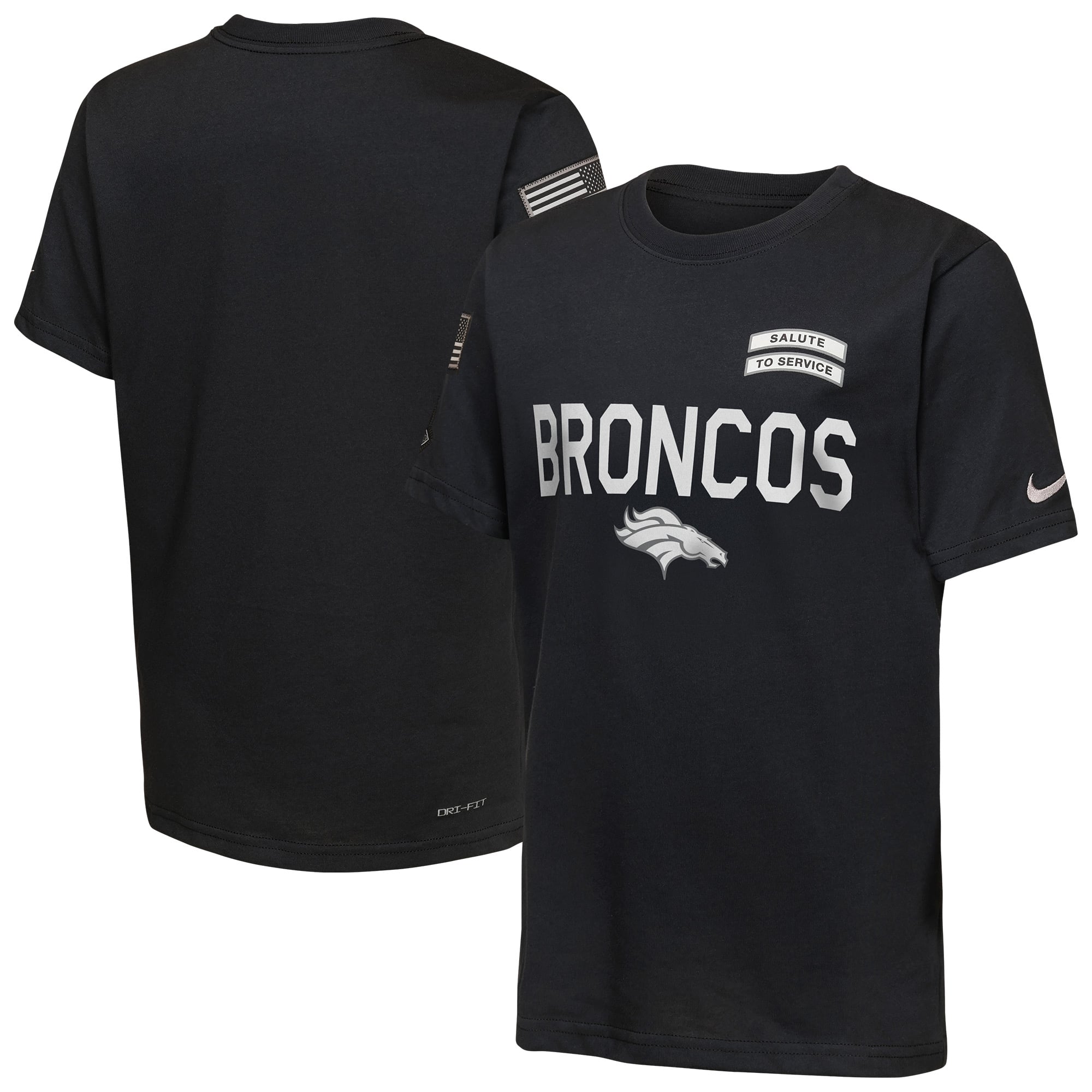 T-shirt Nike Dri-FIT noir pour jeunes, Denver Broncos 2026, Salute to Service, édition limitée.