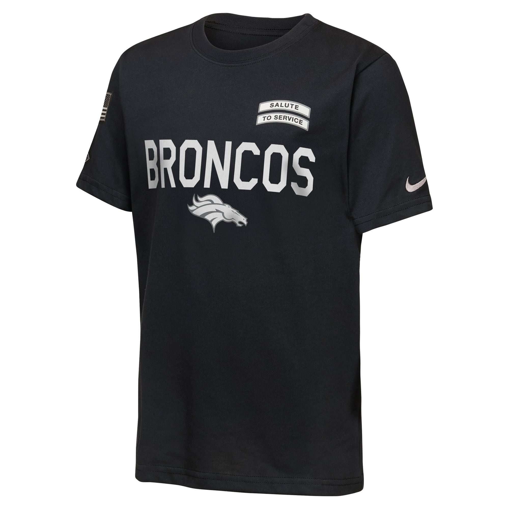 T-shirt Nike Dri-FIT noir pour jeunes, Denver Broncos 2026, Salute to Service, édition limitée.