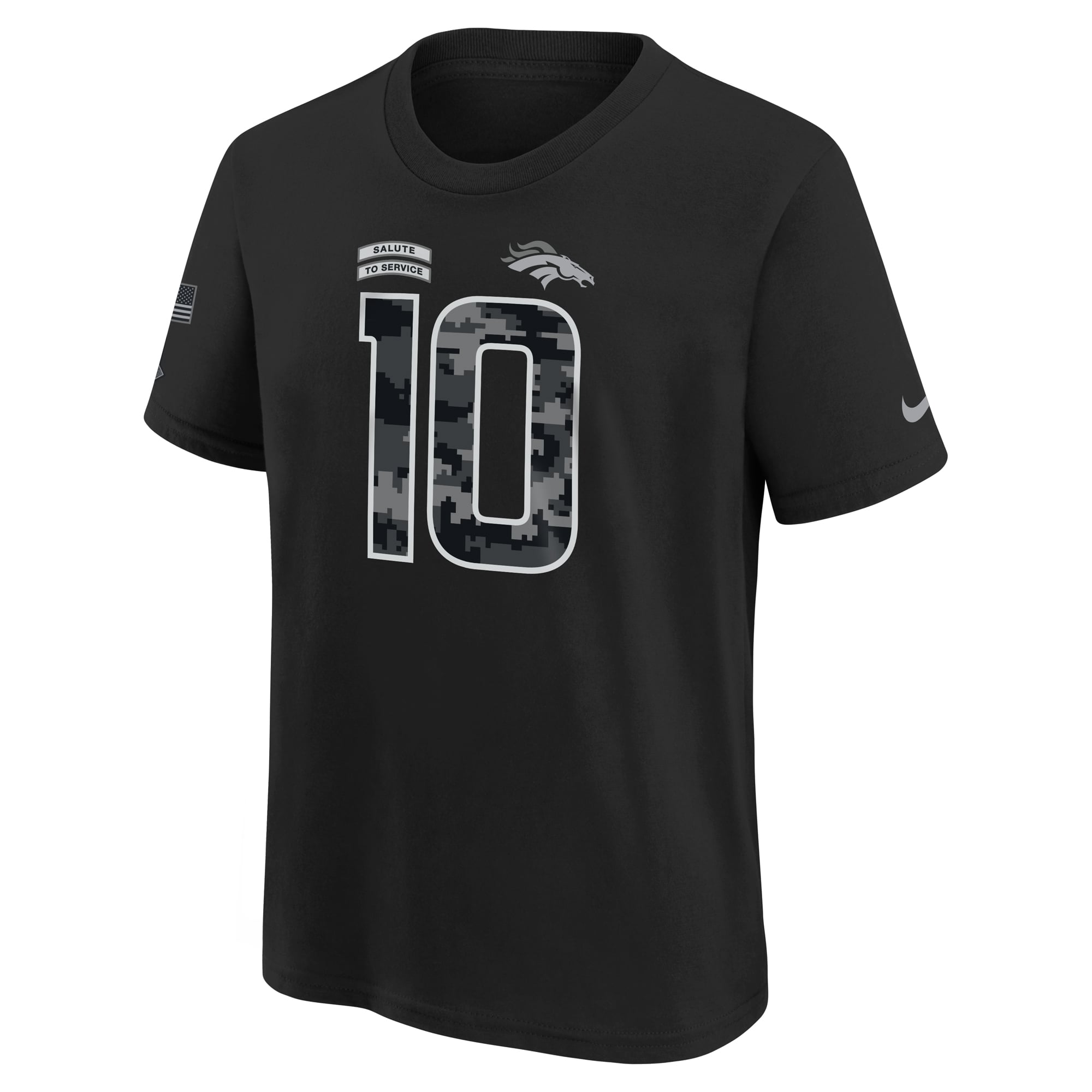 T-shirt Nike Bo Nix noir pour jeunes, Denver Broncos 2026, hommage au service militaire, nom et numéro