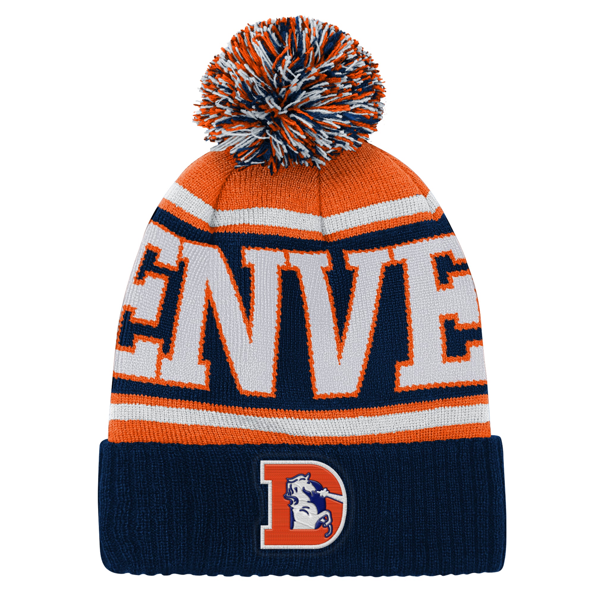 Bonnet à revers en maille Outerstuff bleu marine/orange Denver Broncos Retro Highlight avec pompon