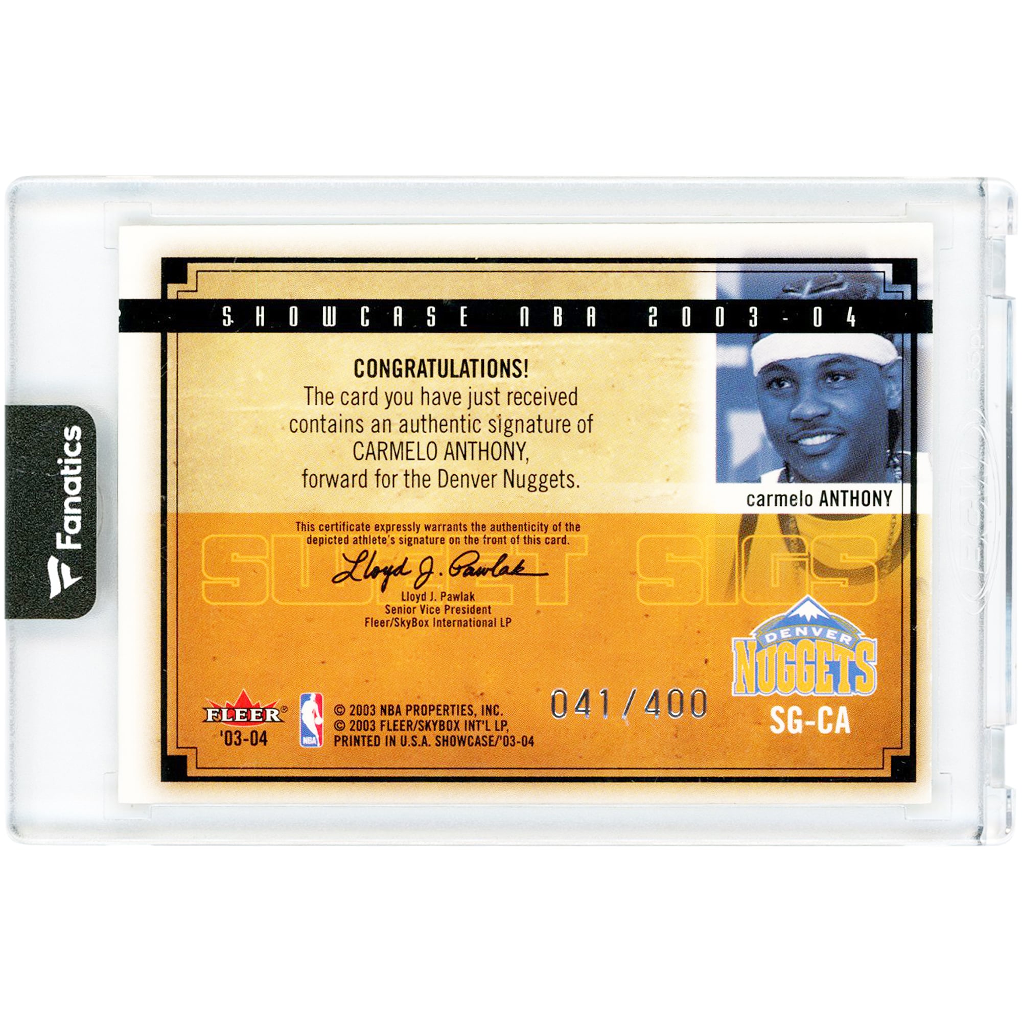 Carte de recrue autographiée de Carmelo Anthony (Denver Nuggets) 2003-04 Fleer Showcase Sweet Sigs #SG-CA #41/400