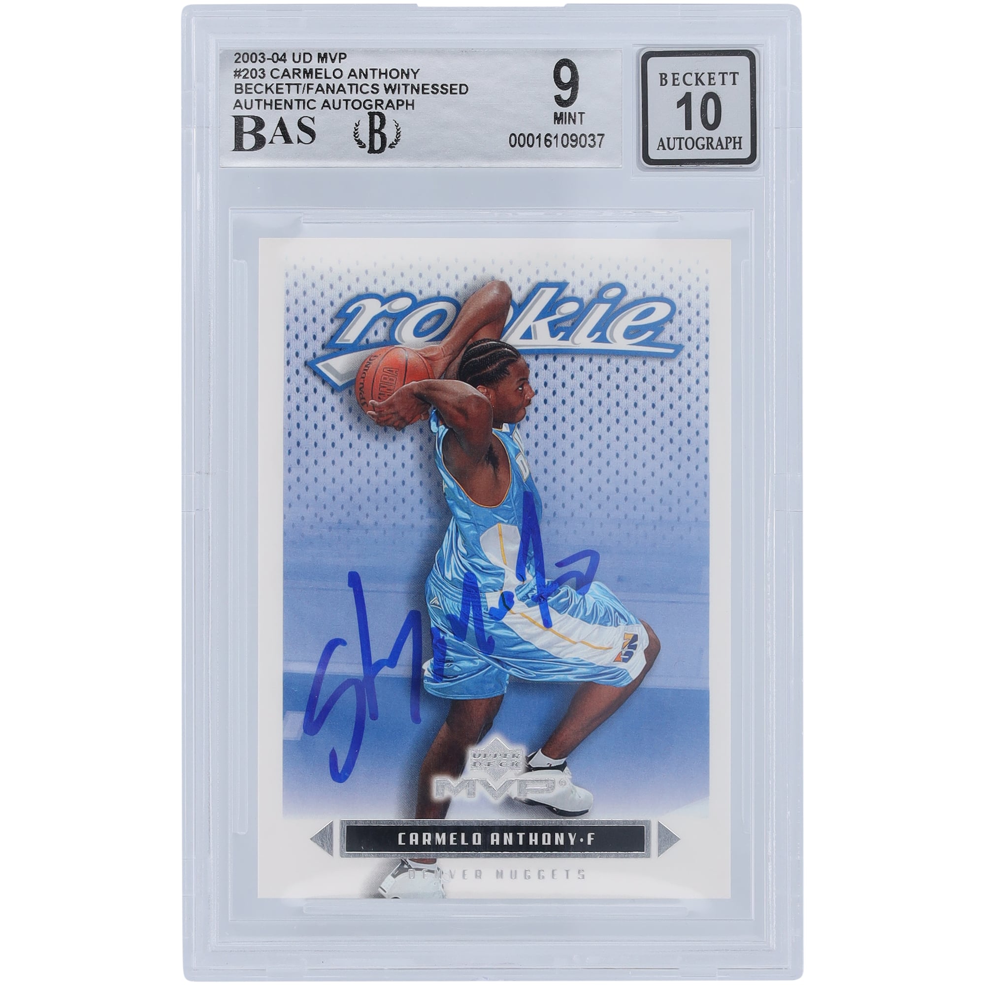 Carte de recrue 9/10 authentifiée signée Carmelo Anthony Denver Nuggets Upper Deck MVP #203 Beckett 2003-04