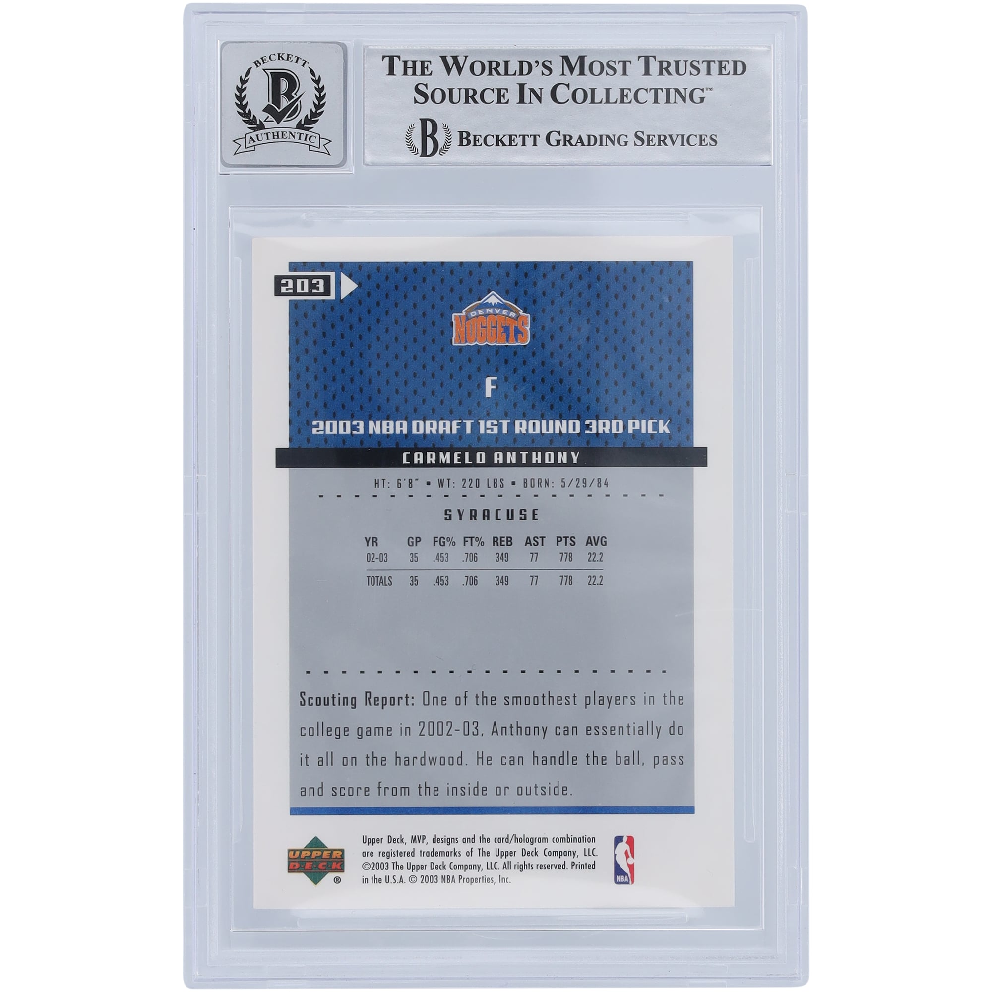 Carte de recrue 9/10 authentifiée signée Carmelo Anthony Denver Nuggets Upper Deck MVP #203 Beckett 2003-04