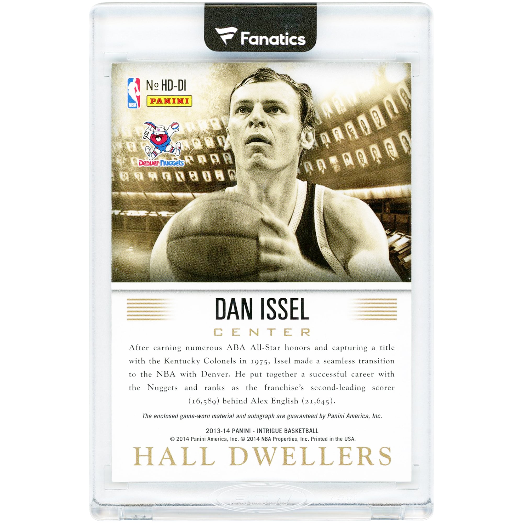 Carte Panini Intrigue Hall Dwellers 2013-14 autographiée par Dan Issel (Denver Nuggets), relique de maillot porté en match #HD-DI #18/49