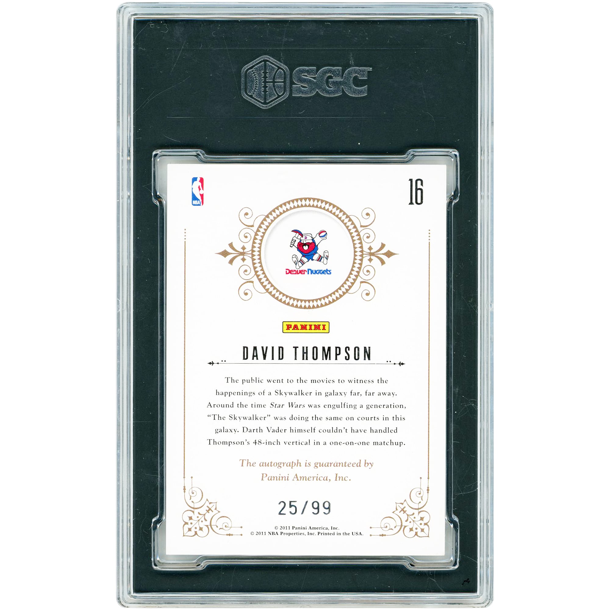 David Thompson Denver Nuggets Autographed 2010-11 Panini National Treasures Notable Nicknames #16 #25/99 SGC Authenticated 9/10 Card