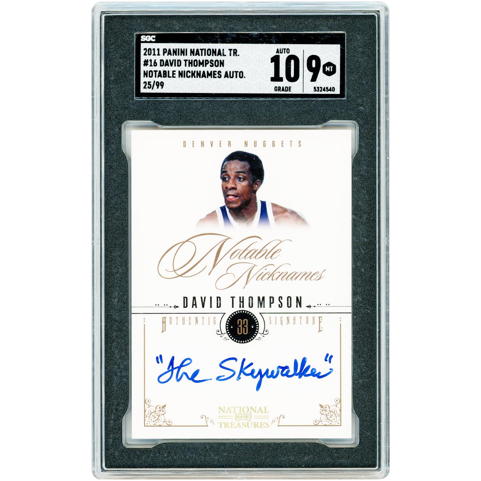 David Thompson Denver Nuggets Autographed 2010-11 Panini National Treasures Notable Nicknames #16 #25/99 SGC Authenticated 9/10 Card