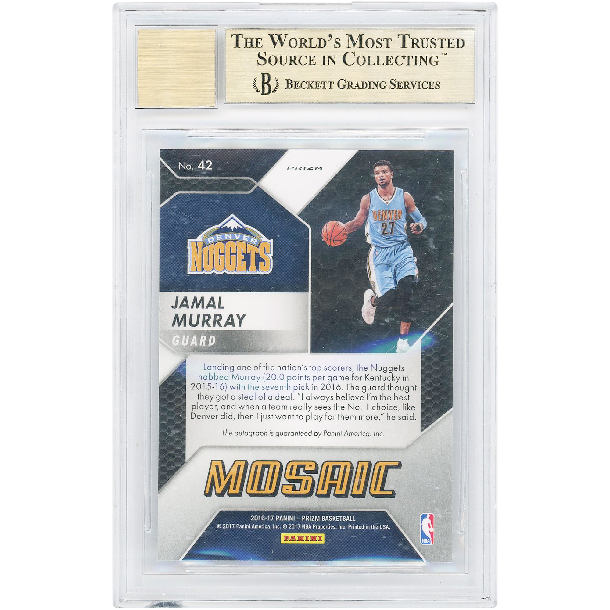 Jamal Murray Denver Nuggets Autographed 2016-17 Panini Prizm Mosaic #42 BGS Authenticated 9.5/10 Rookie Card - 9.5,9,9.5,9.5 Subgrades