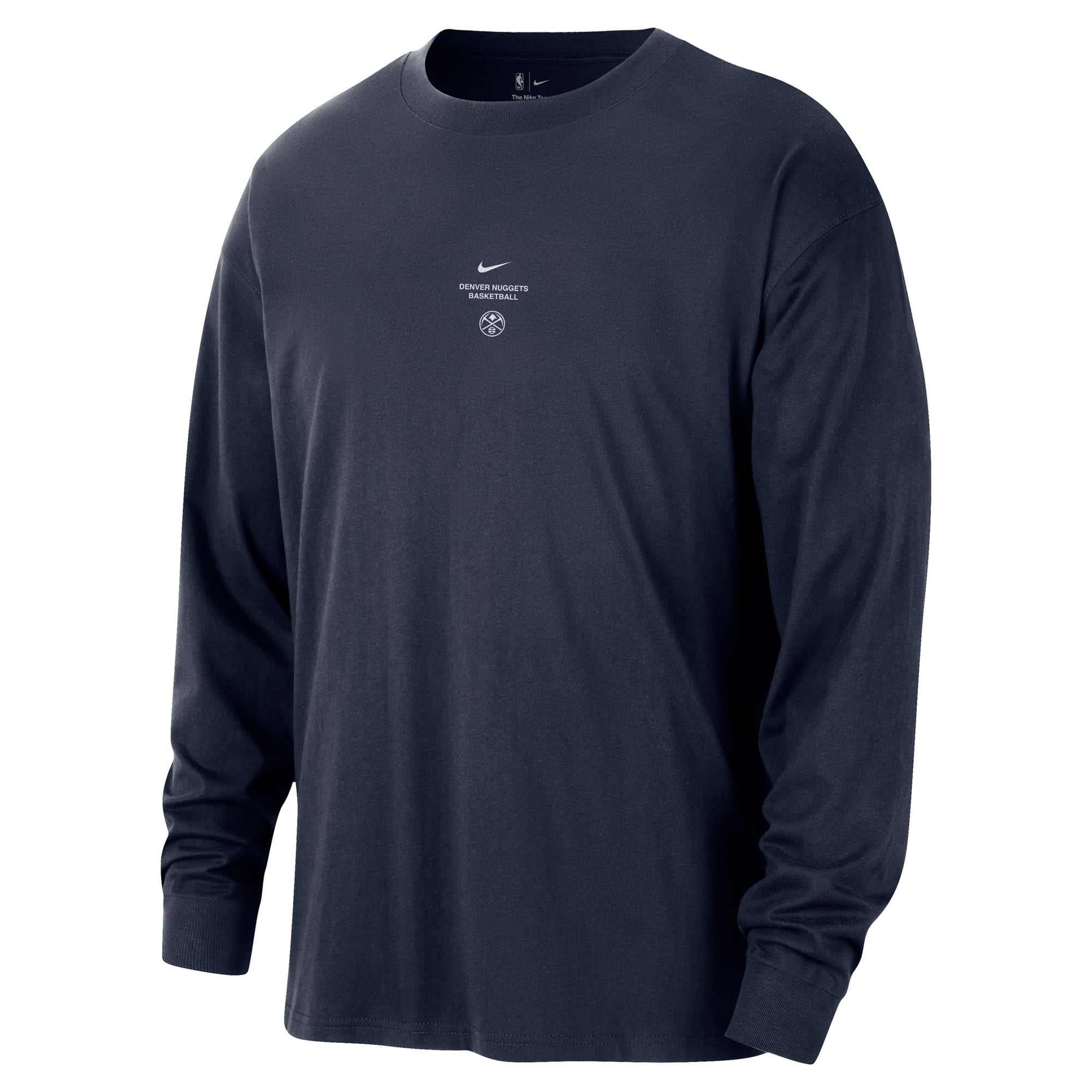 T-shirt à manches longues Nike Denver Nuggets bleu marine pour homme, édition standard 2026, performance d'avant-match