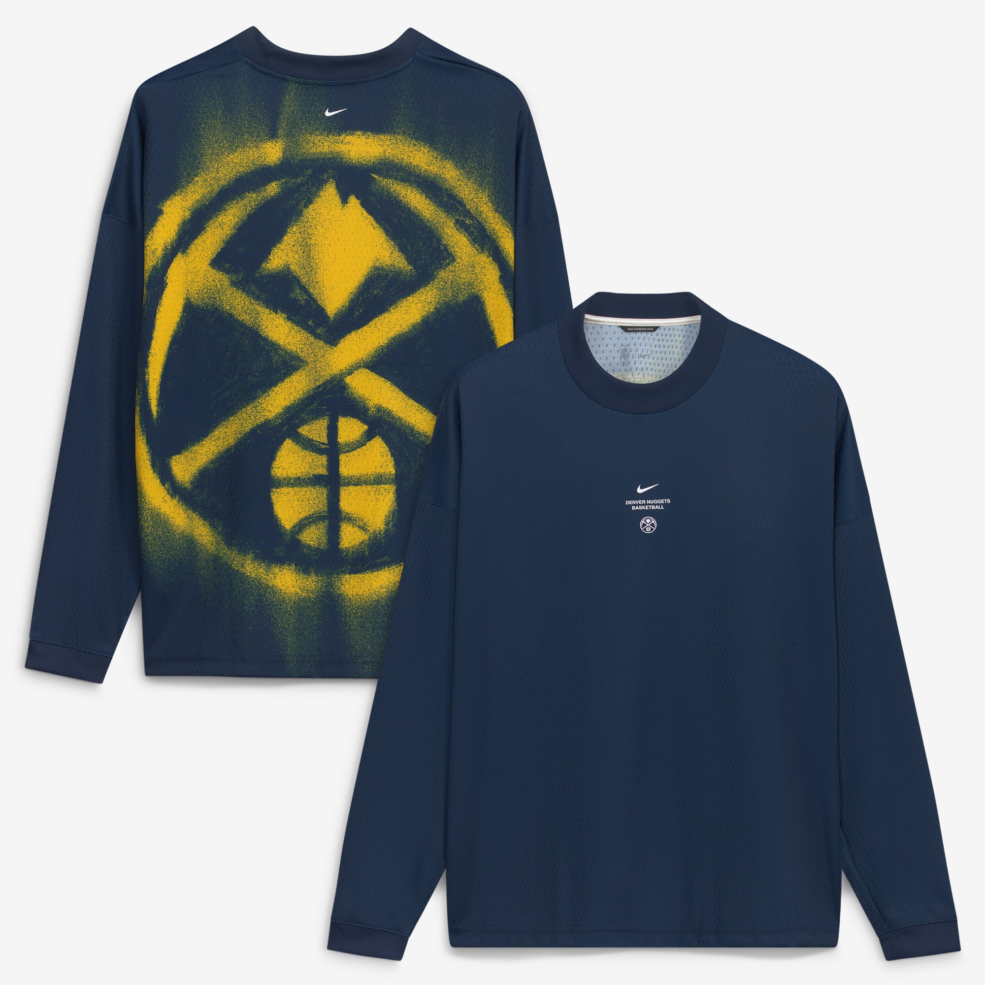 T-shirt à manches longues Nike Denver Nuggets bleu marine pour homme, édition standard 2026, performance d'avant-match