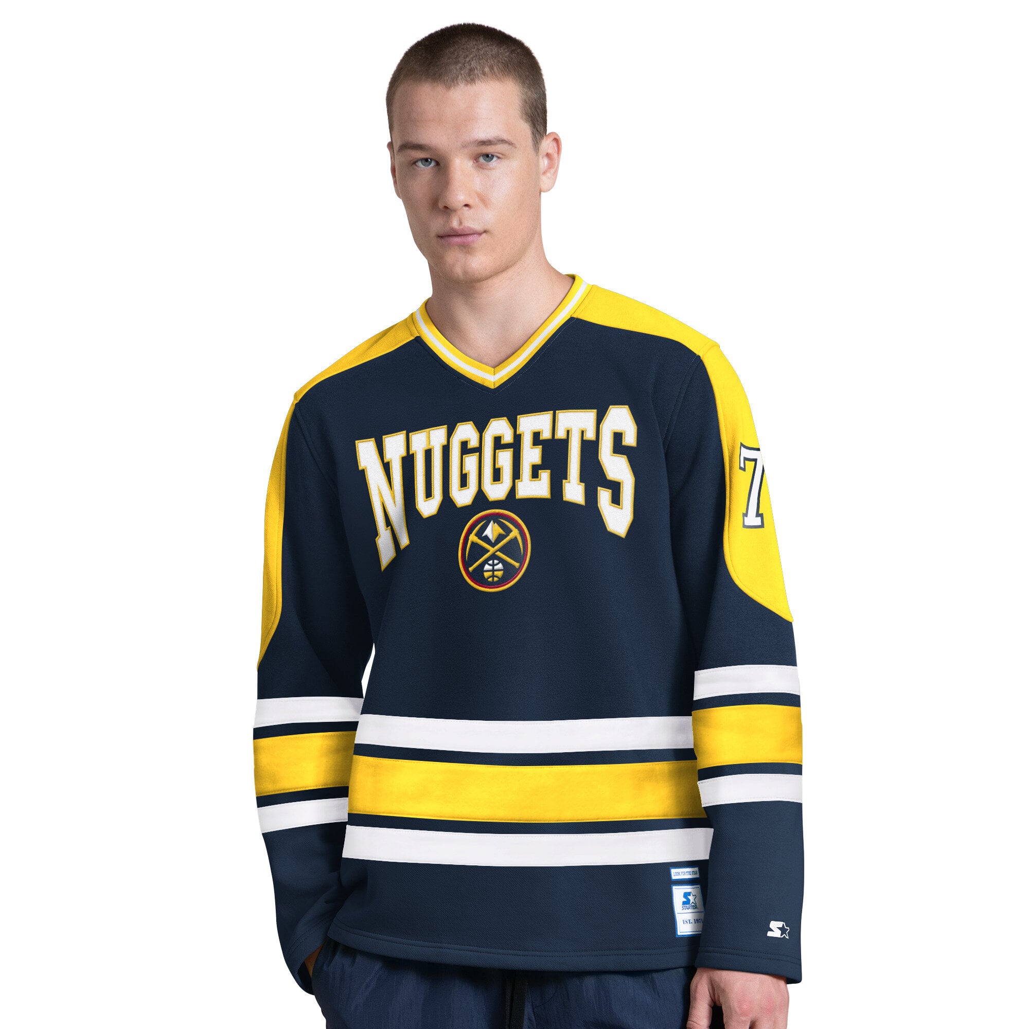 T-shirt à manches longues et col en V Starter Navy Denver Nuggets Puck Drop pour homme