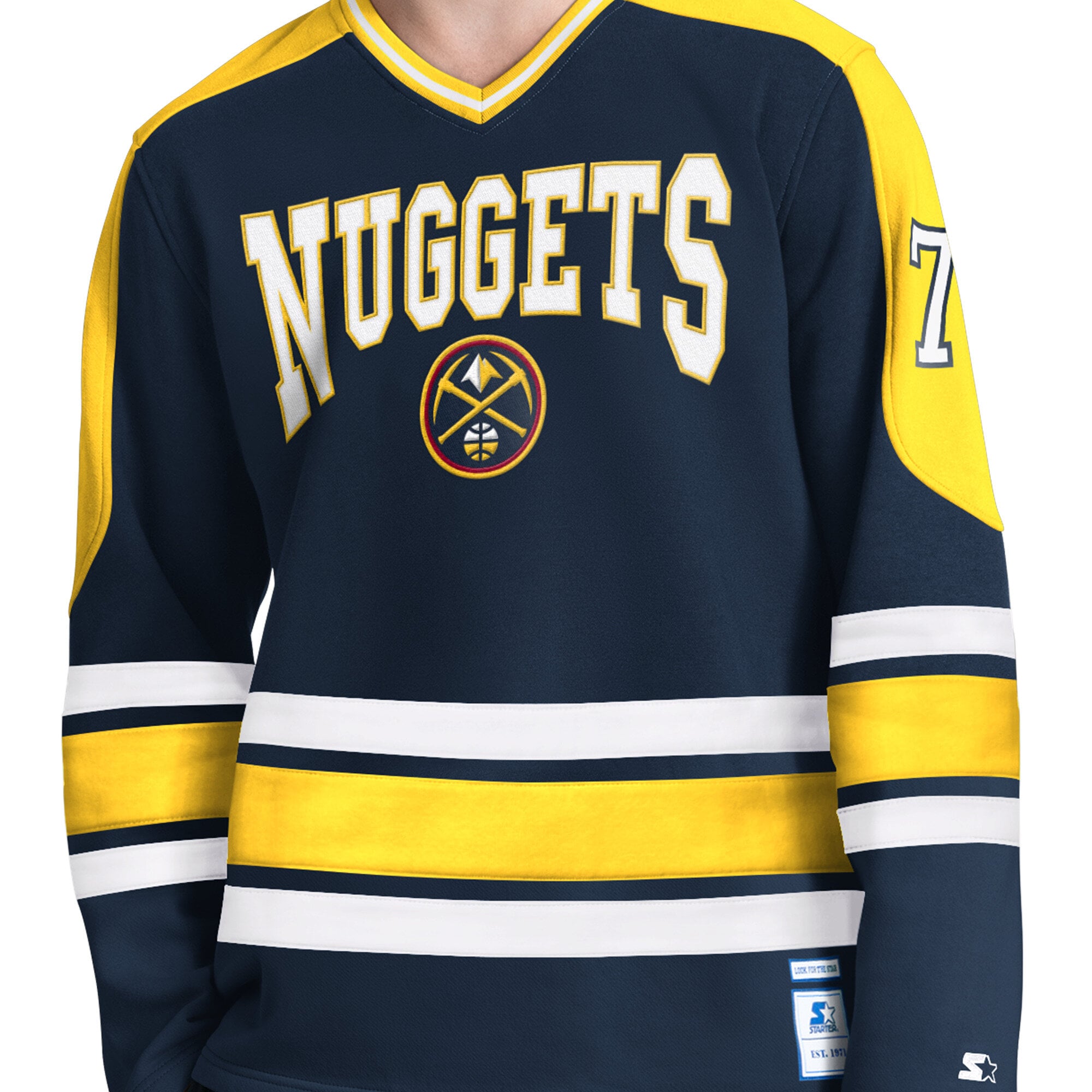 T-shirt à manches longues et col en V Starter Navy Denver Nuggets Puck Drop pour homme