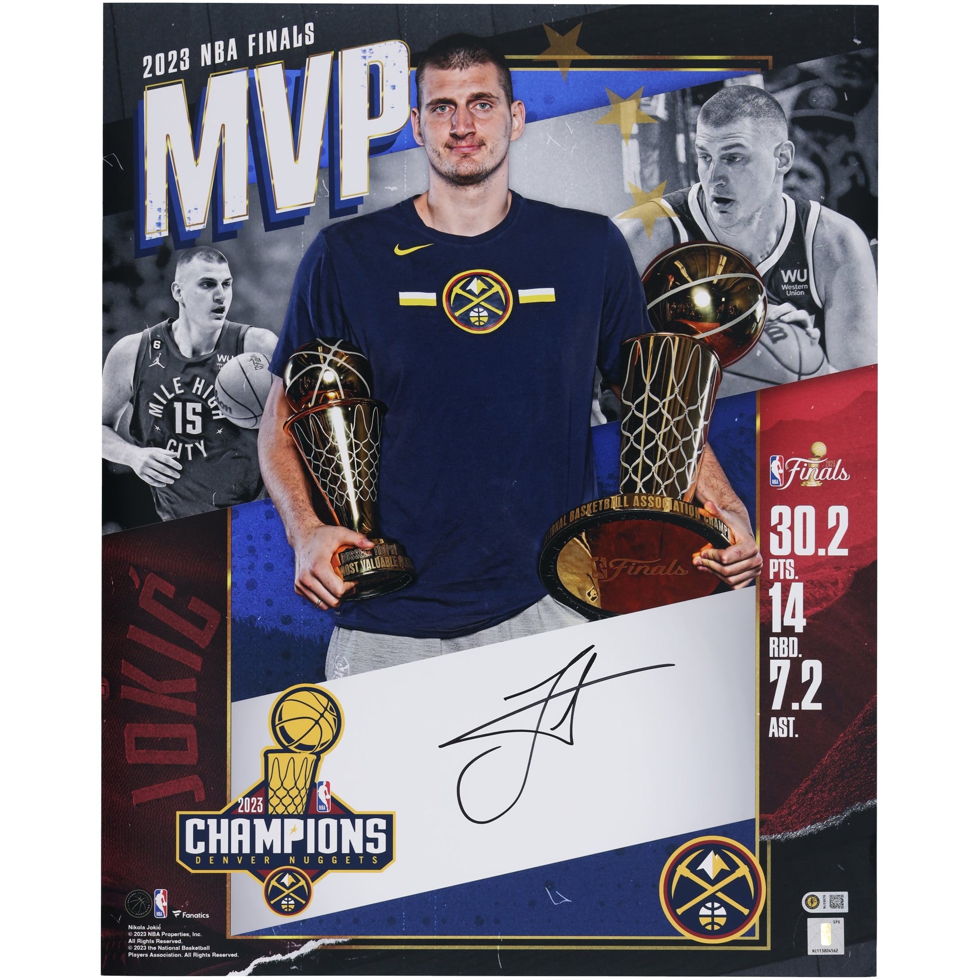Collage autographié de Nikola Jokic (Denver Nuggets), 40,6 x 50,8 cm, MVP des finales NBA 2023.