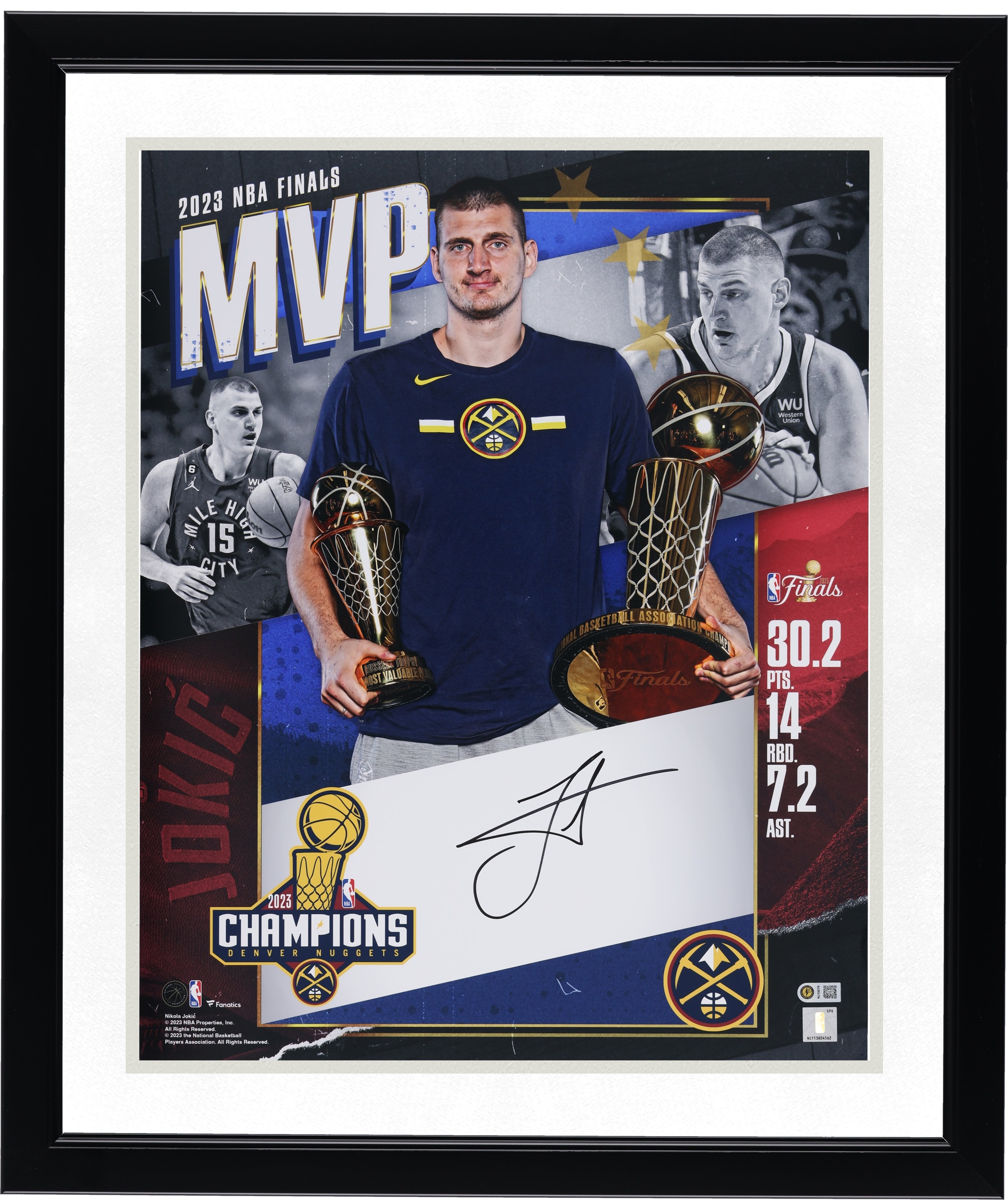 Collage autographié de Nikola Jokic (Denver Nuggets), 40,6 x 50,8 cm, MVP des finales NBA 2023.
