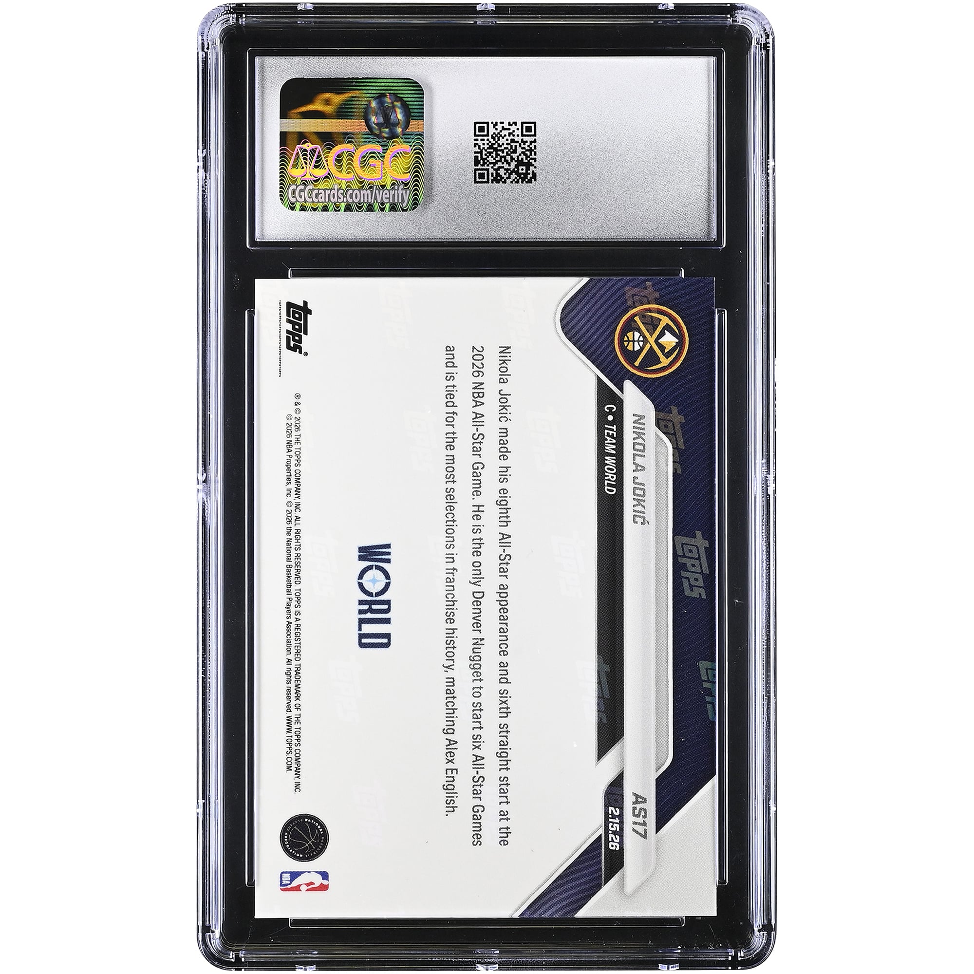 Nikola Jokić Denver Nuggets 2025-26 Topps Now All-Star Game Gold Foil #AS17 #/50 CGC Authenticated 9.5 Card