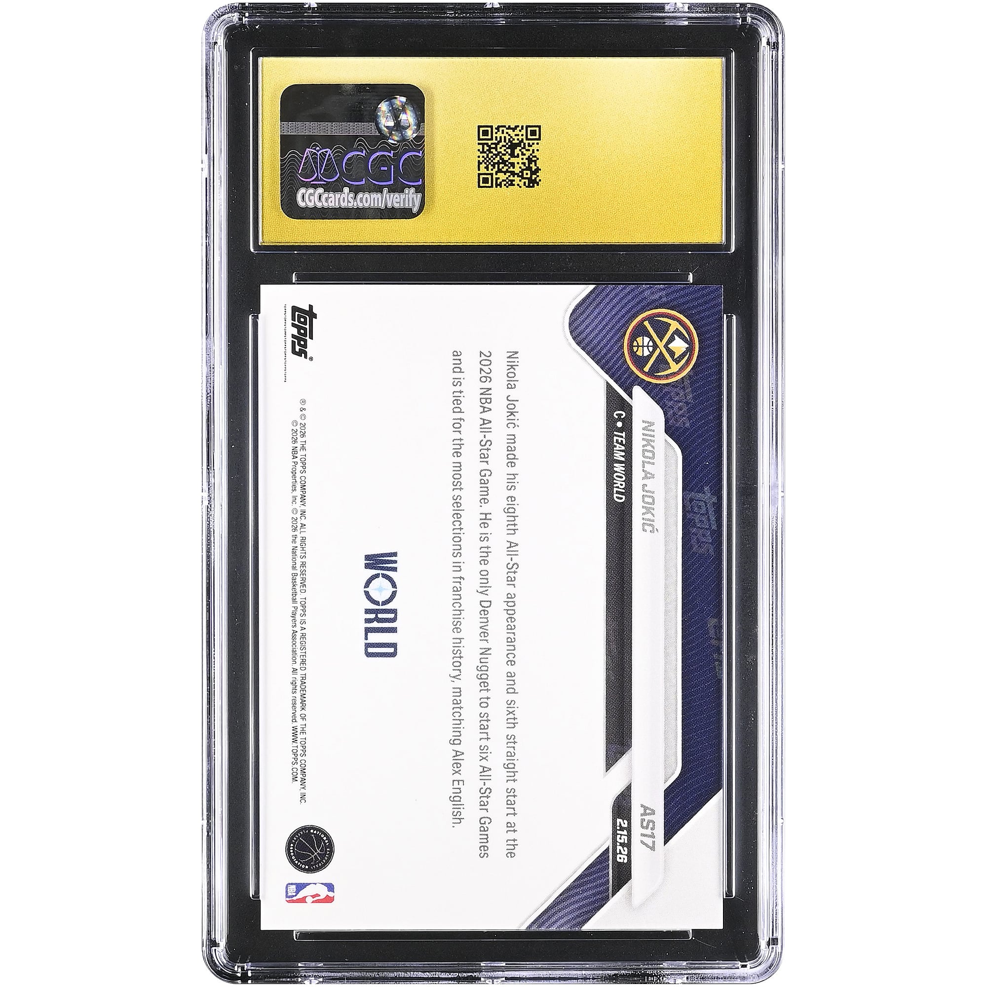 Nikola Jokić Denver Nuggets 2025-26 Topps Now All-Star Game #AS17 CGC Authenticated PRISTINE 10 Card