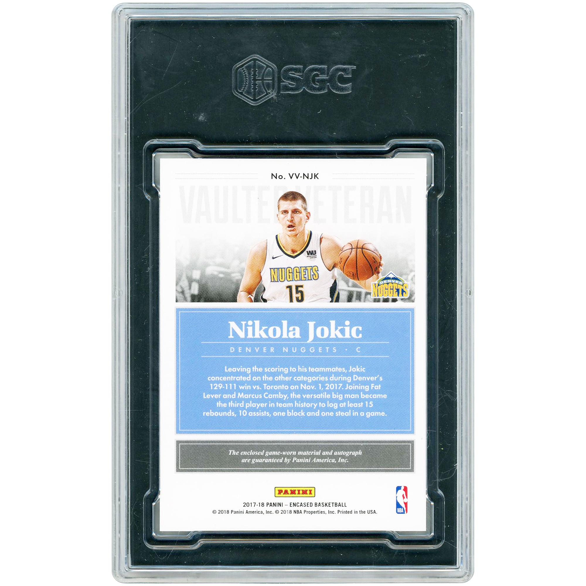 Nikola Jokić Denver Nuggets Autographed 2017-18 Panini Encased Vaulted Veteran Material Game Used Jersey Relic #VV-NJK #40/49 SGC Authenticated 8/10 Card