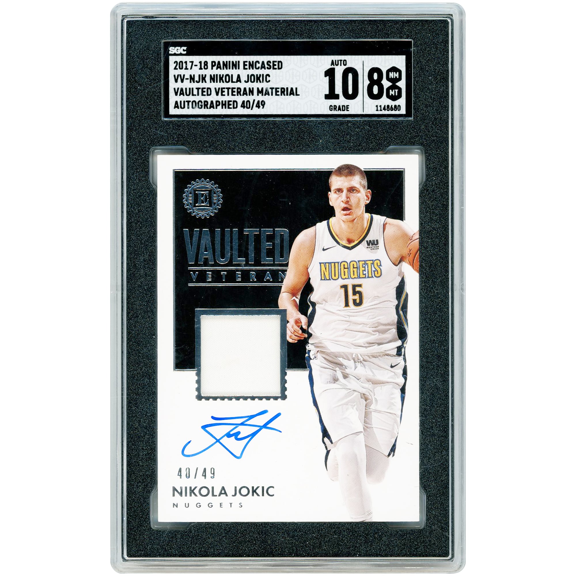 Nikola Jokić Denver Nuggets Autographed 2017-18 Panini Encased Vaulted Veteran Material Game Used Jersey Relic #VV-NJK #40/49 SGC Authenticated 8/10 Card