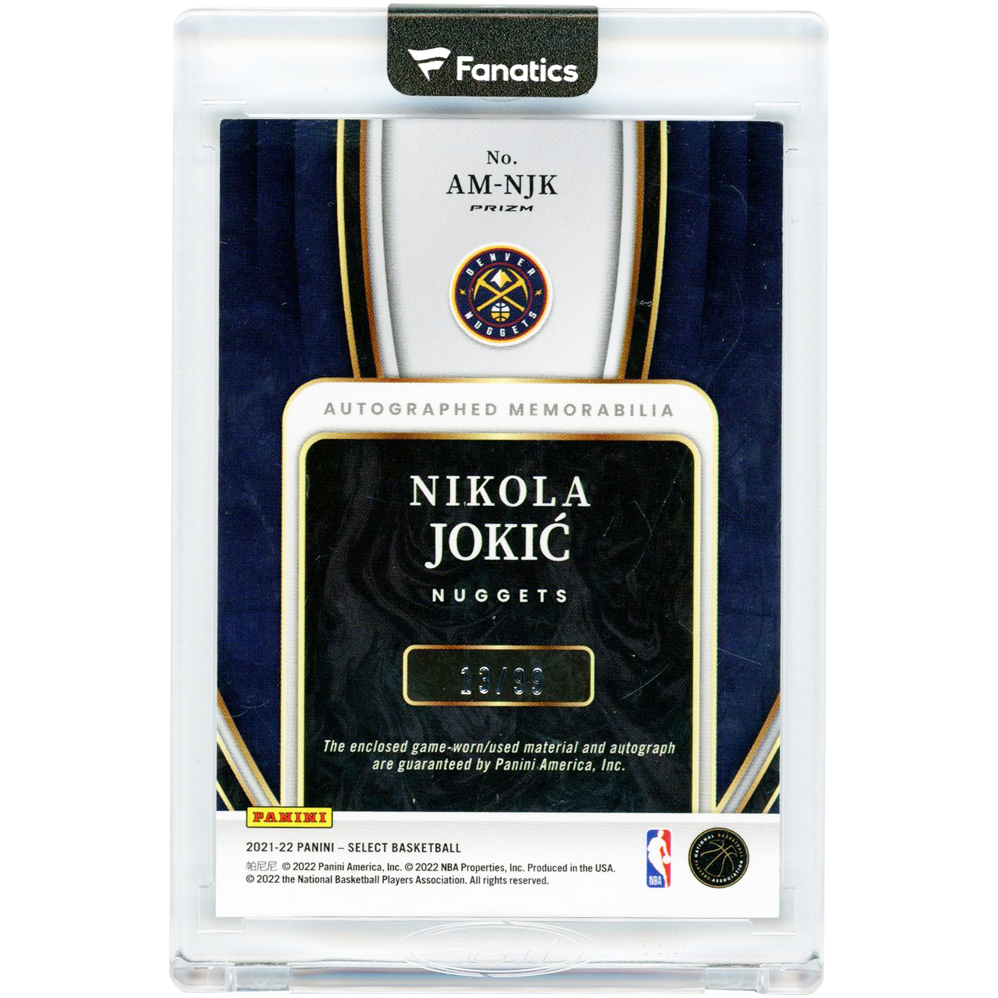 Nikola Jokić Denver Nuggets Autographed 2021-22 Panini Select Autographed Memorabilia Game Used Jersey Relic #AM-NJK #13/99 Card