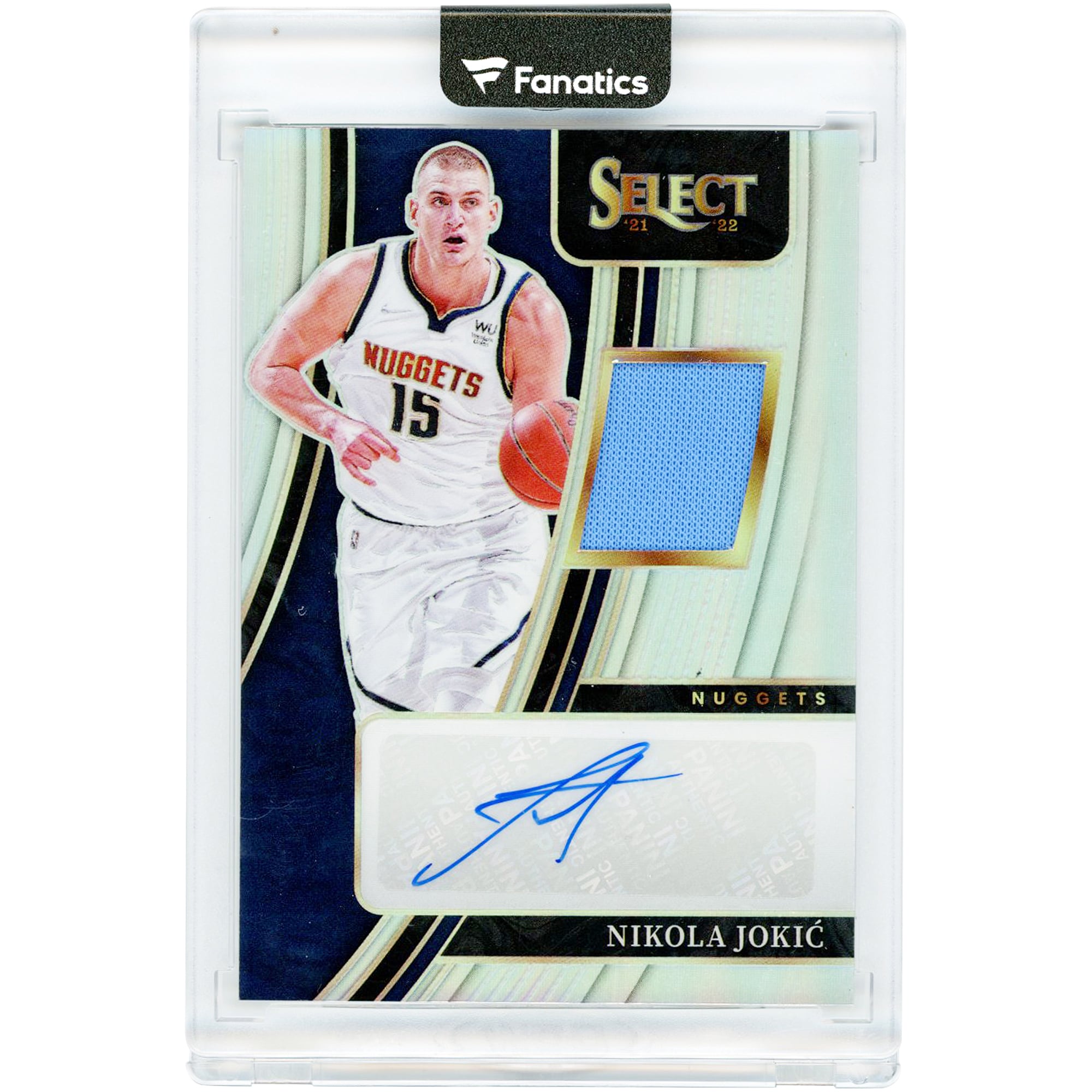 Nikola Jokić Denver Nuggets Autographed 2021-22 Panini Select Autographed Memorabilia Game Used Jersey Relic #AM-NJK #13/99 Card