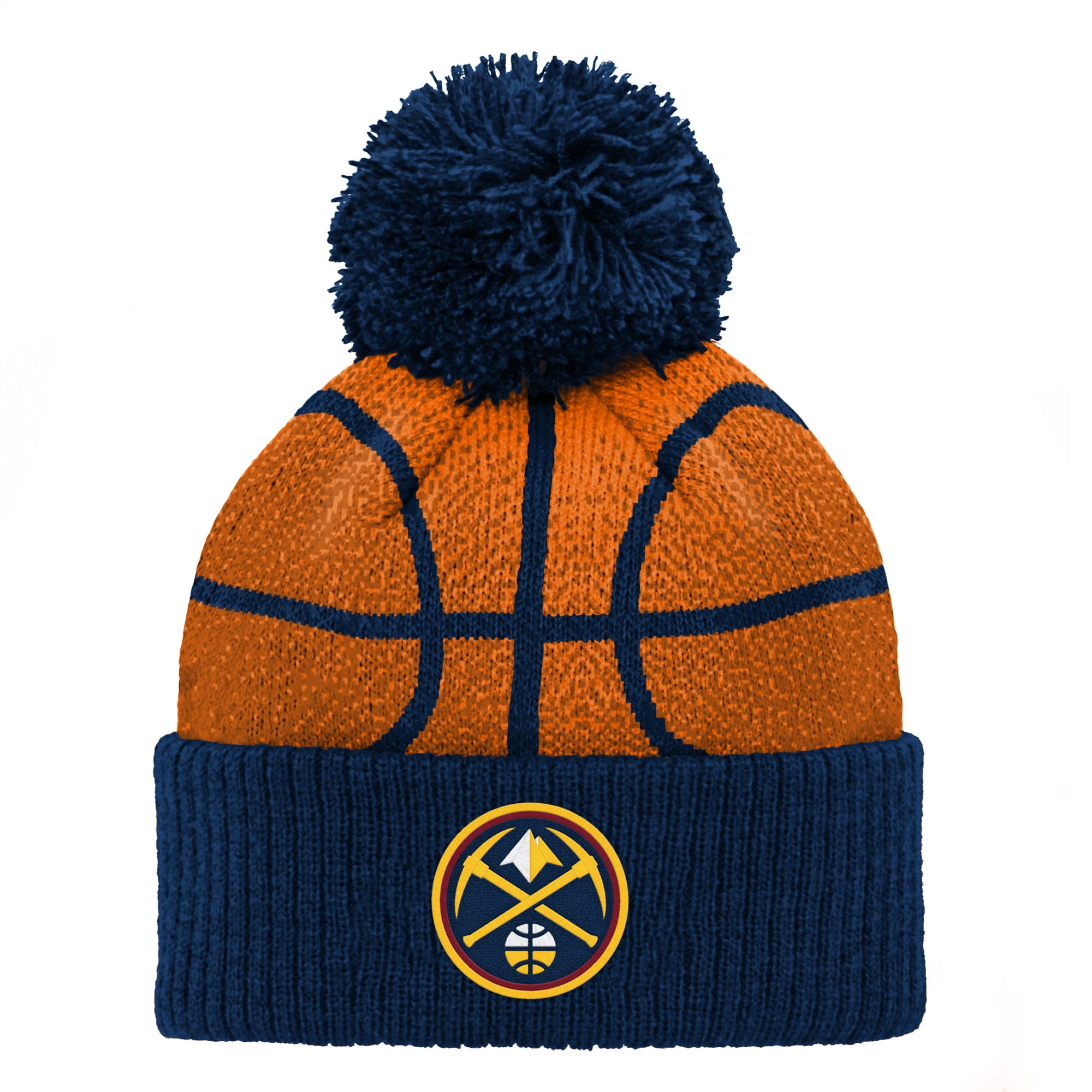 Bonnet tricoté à revers avec pompon, motif tête de basket-ball des Denver Nuggets, bleu marine, pour enfants d'âge préscolaire