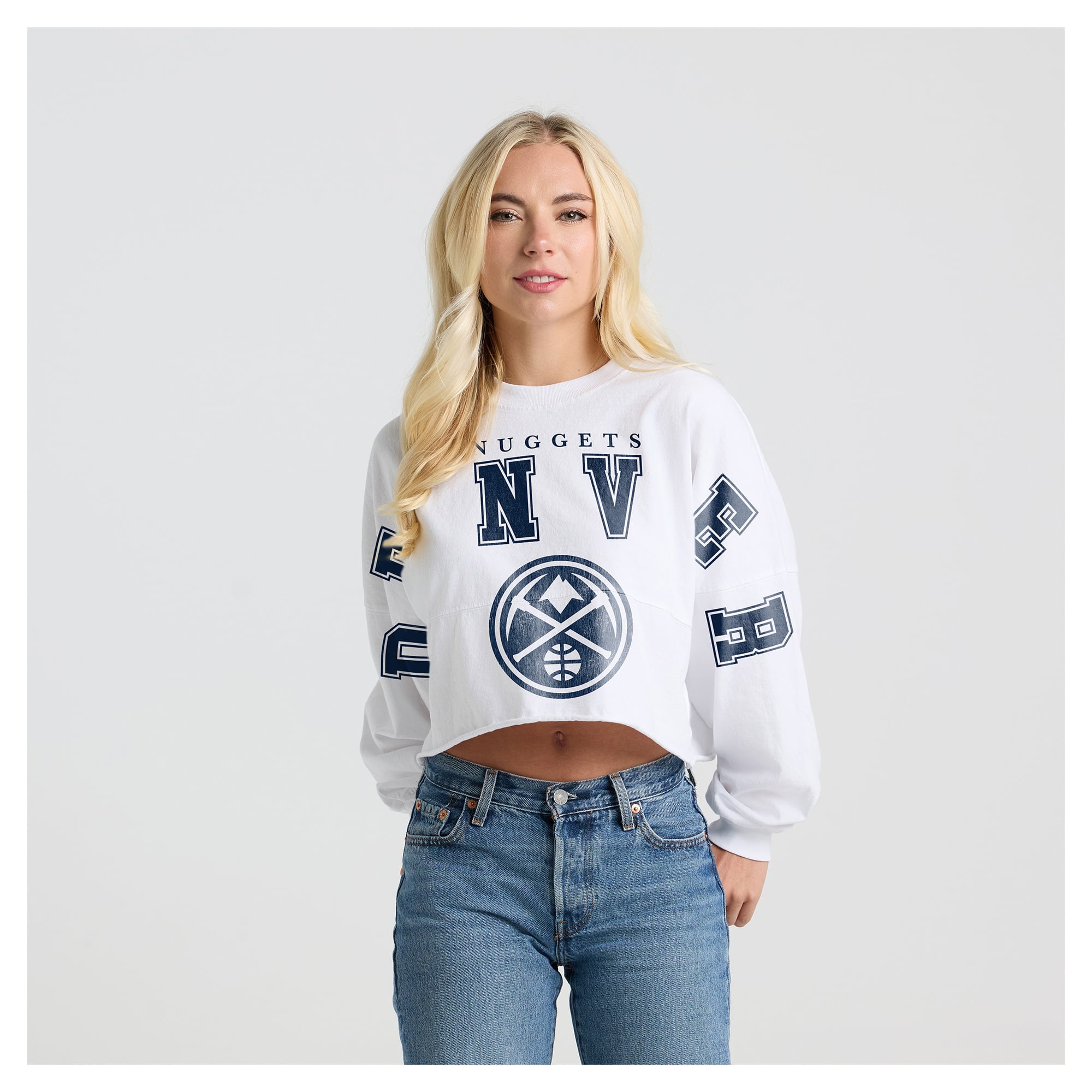 Women's Fanatics White Denver Nuggets Spirit Jersey Cropped Crew Neck Sweatshirt