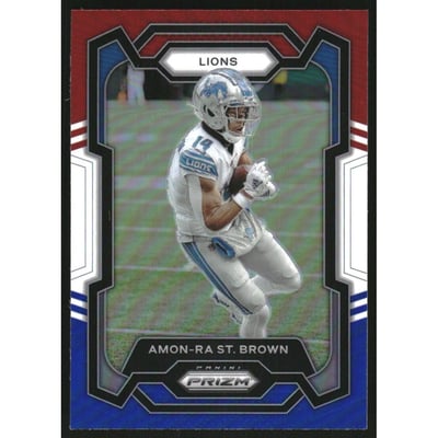 2023 Panini Prizm Prizms Red White and Blue #96 Amon-Ra St. Brown