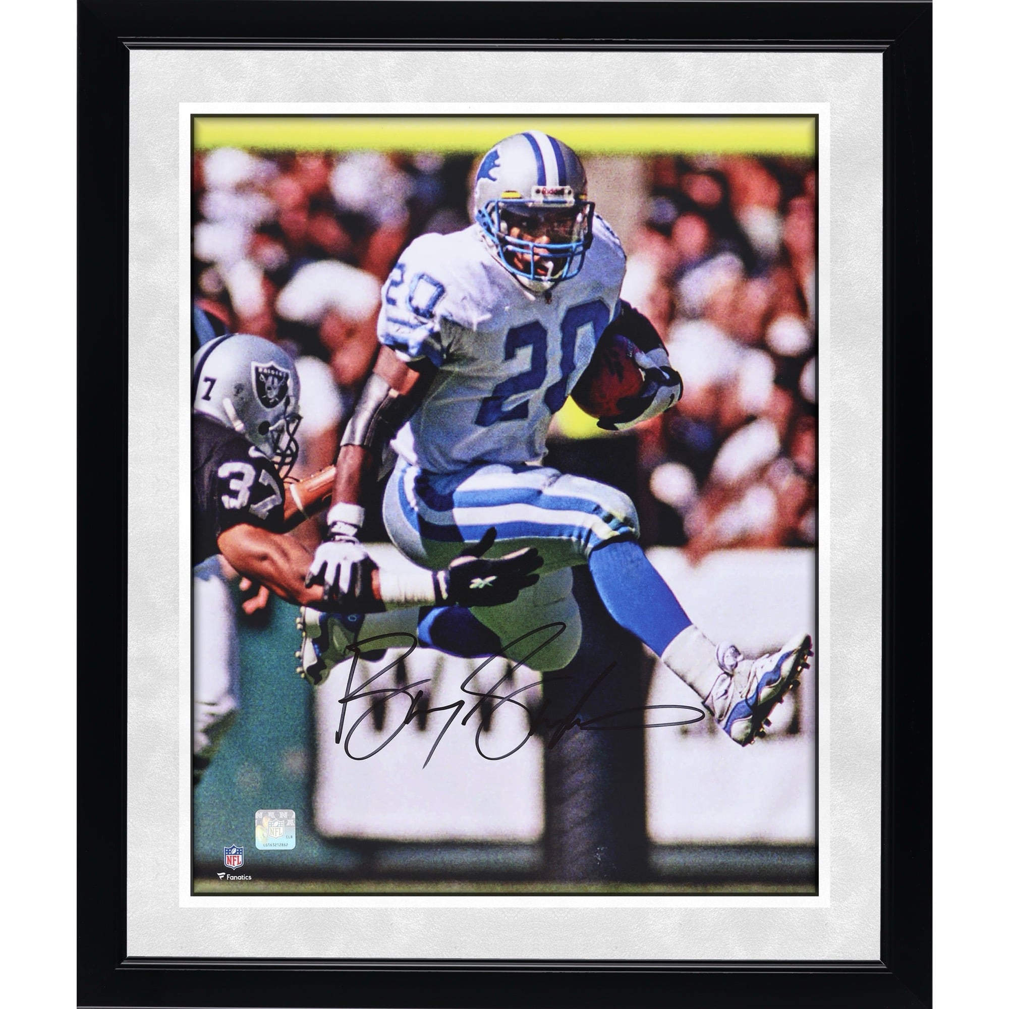Barry Sanders Detroit Lions Autographed 16" x 20" Hurdle vs. Raiders Photograph