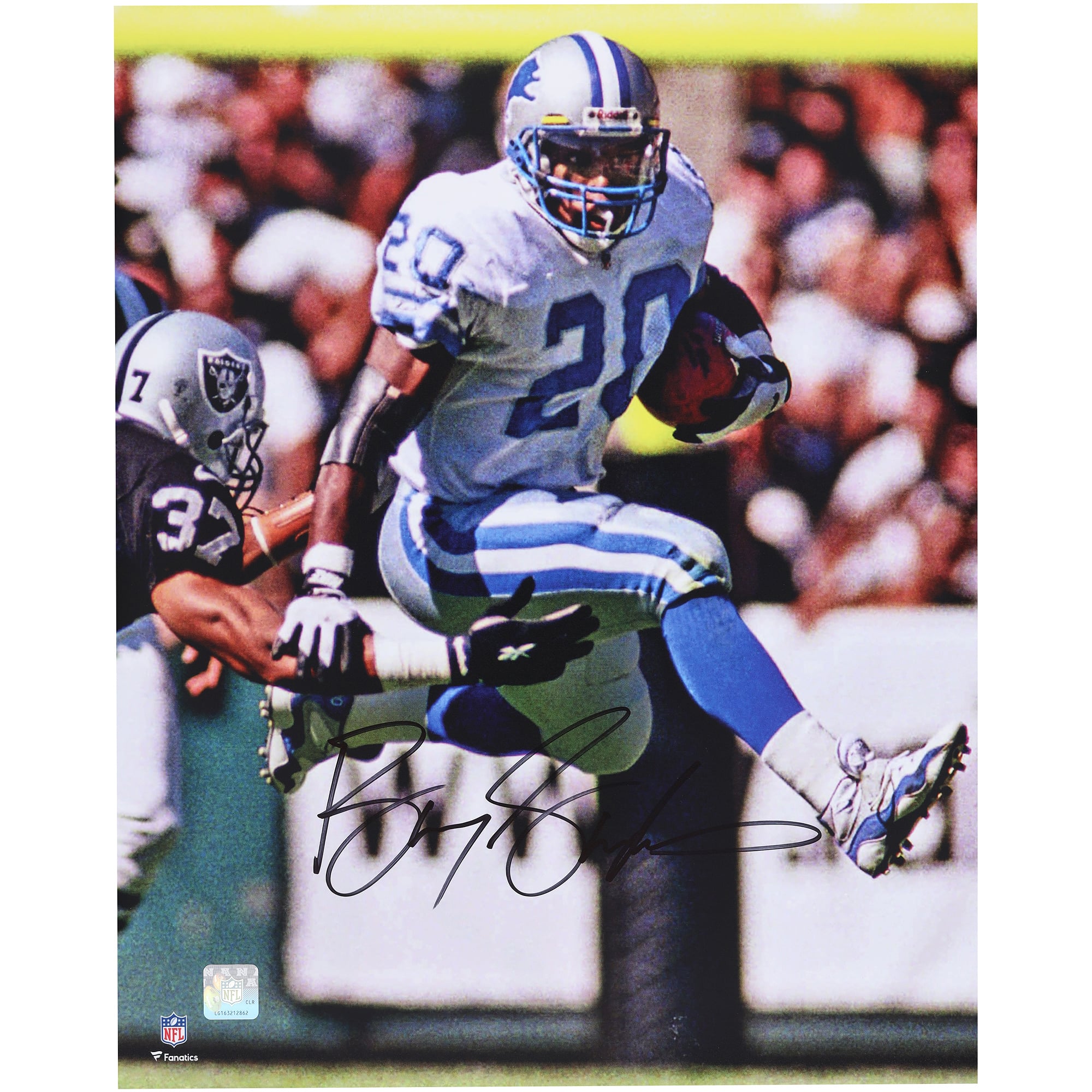 Barry Sanders Detroit Lions Autographed 16" x 20" Hurdle vs. Raiders Photograph