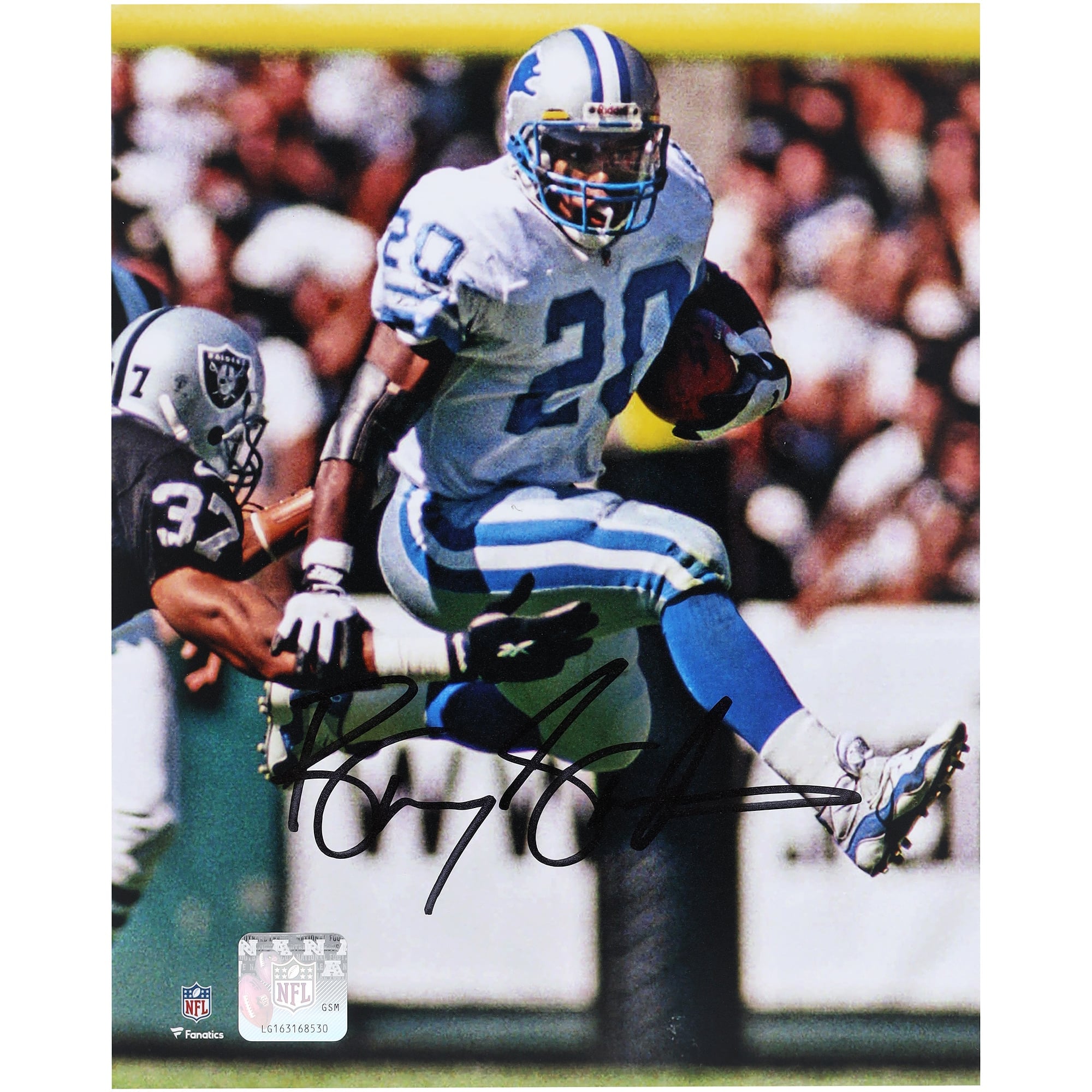 Photo dédicacée de Barry Sanders (Detroit Lions) - Match de haies contre les Raiders (8" x 10")
