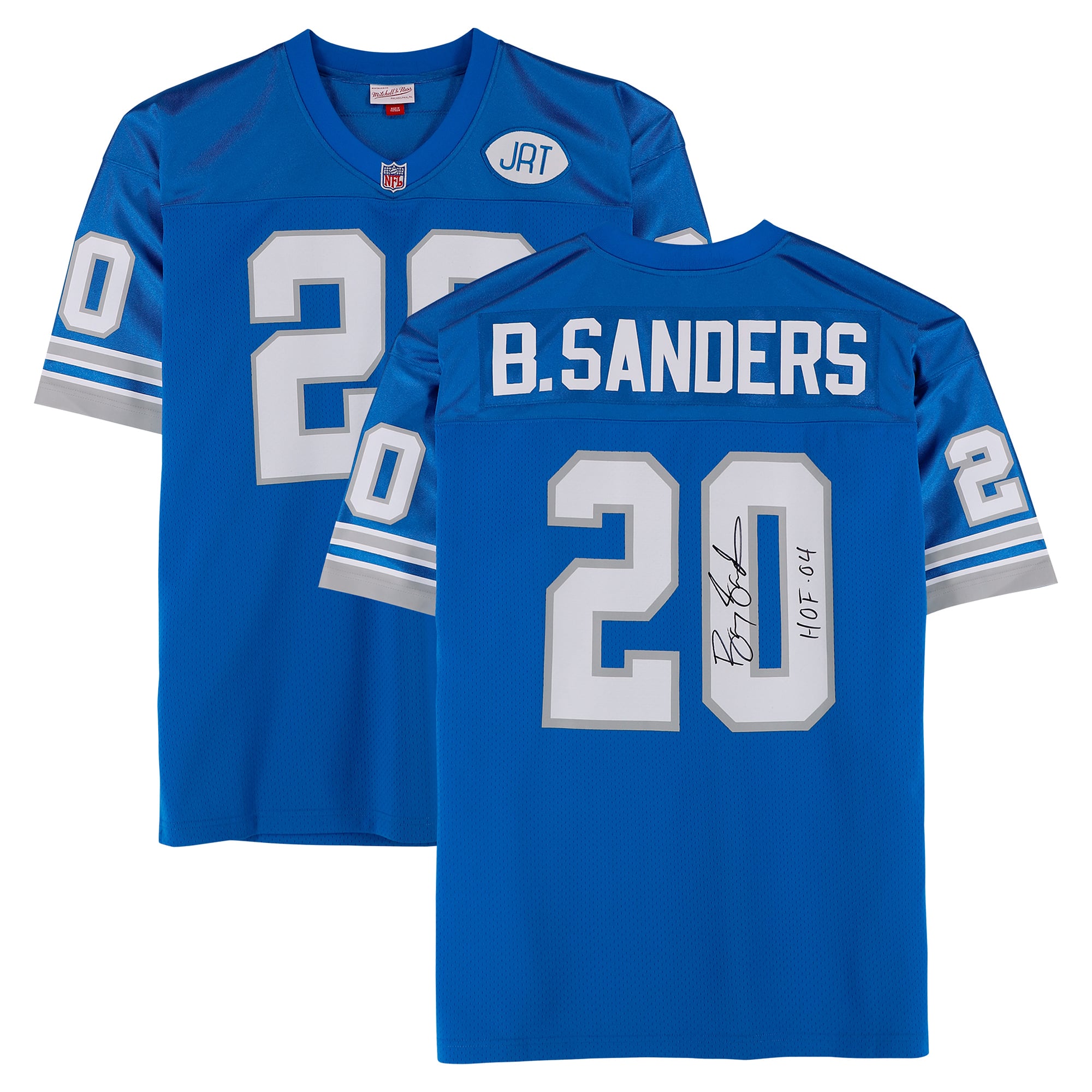 Maillot authentique bleu Mitchell & Ness 1991 autographié par Barry Sanders des Detroit Lions, avec inscription « HOF 04 ».