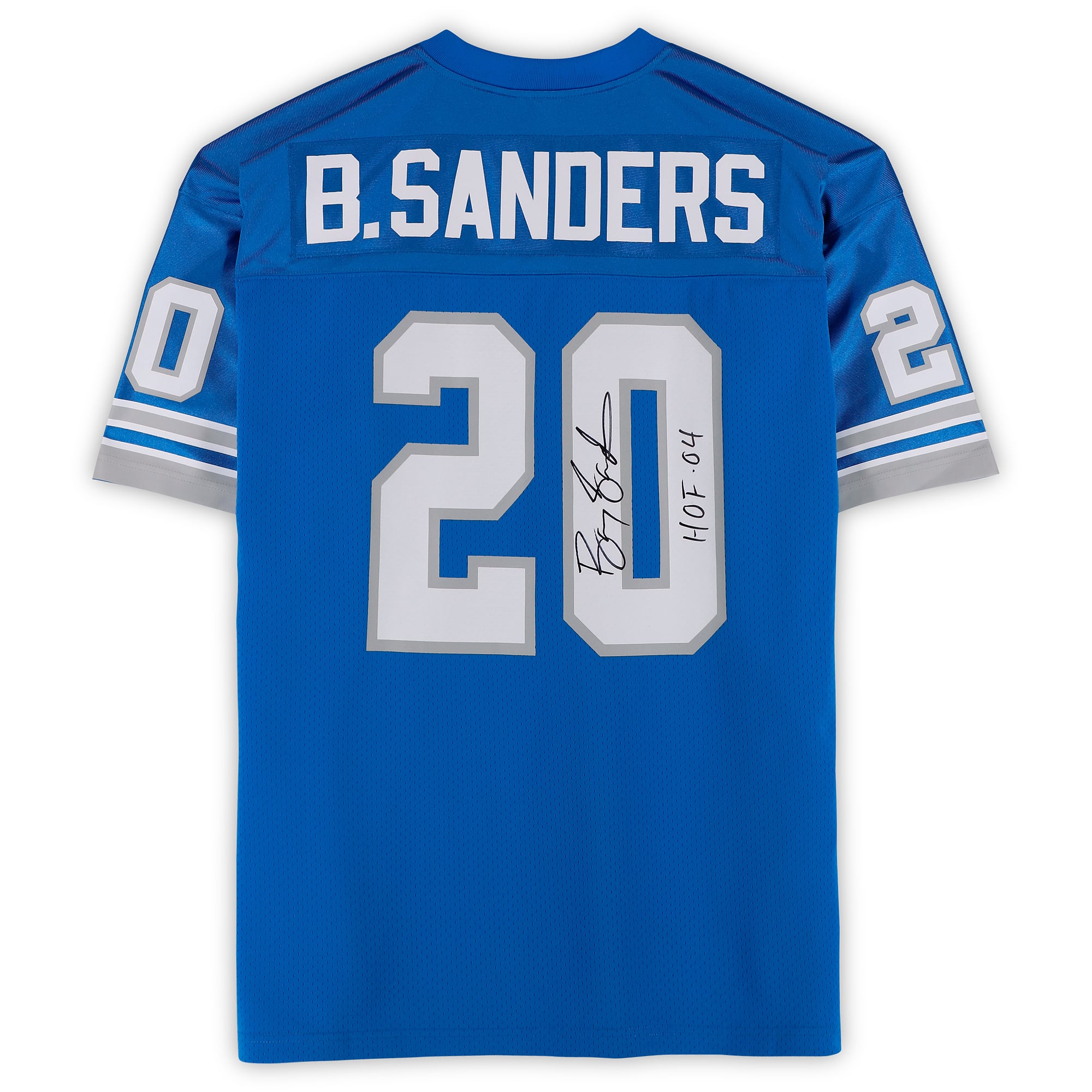 Maillot authentique bleu Mitchell & Ness 1991 autographié par Barry Sanders des Detroit Lions, avec inscription « HOF 04 ».