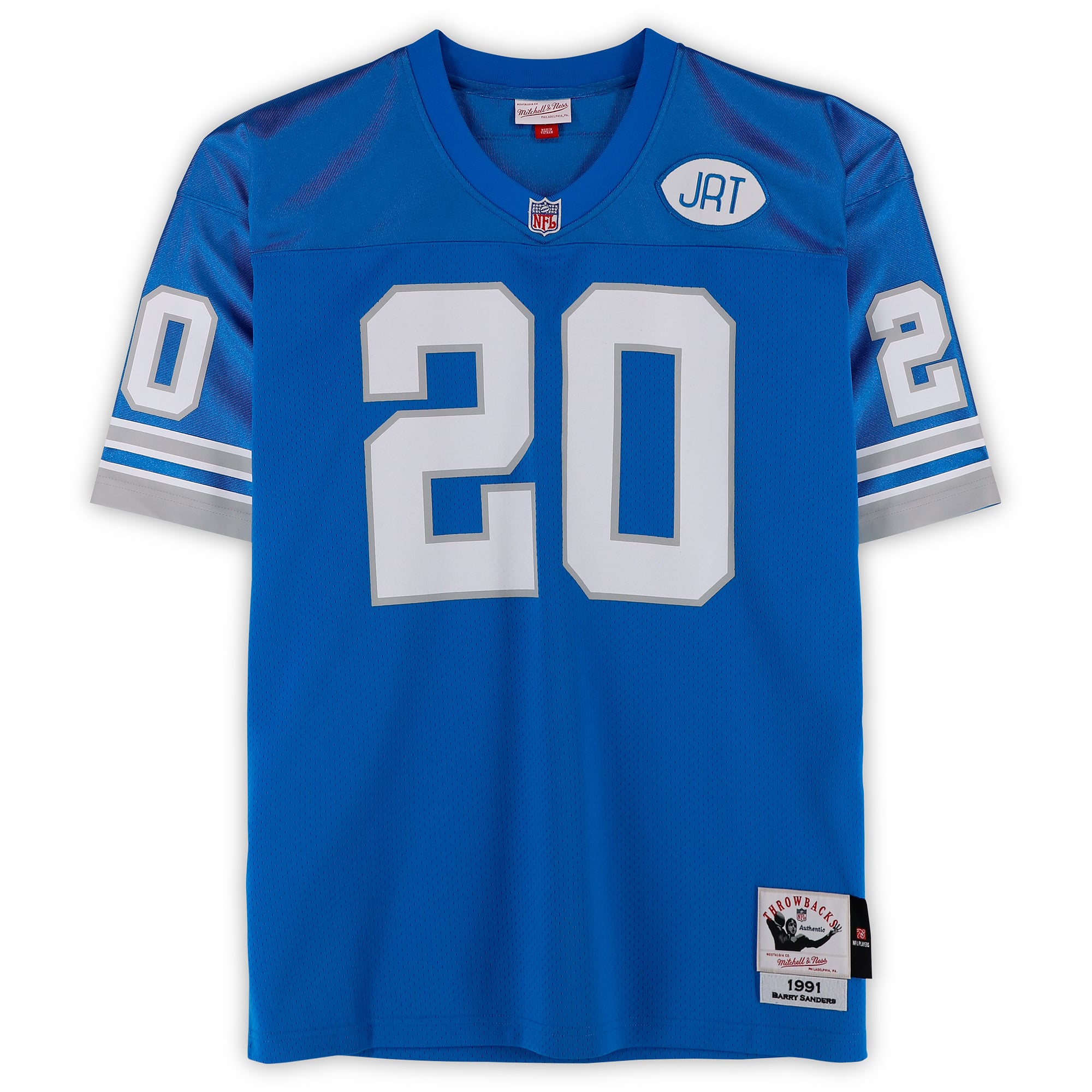 Maillot authentique bleu Mitchell & Ness 1991 autographié par Barry Sanders des Detroit Lions, avec inscription « HOF 04 ».