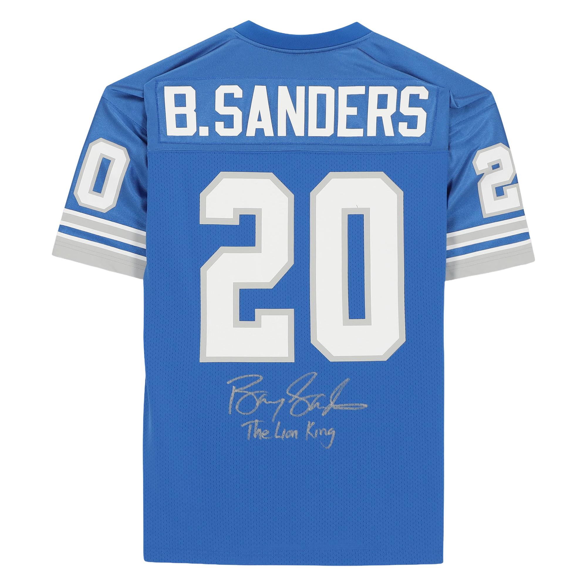 Maillot authentique bleu clair Mitchell & Ness autographié par Barry Sanders des Lions de Détroit, avec inscription « Le Roi Lion ».